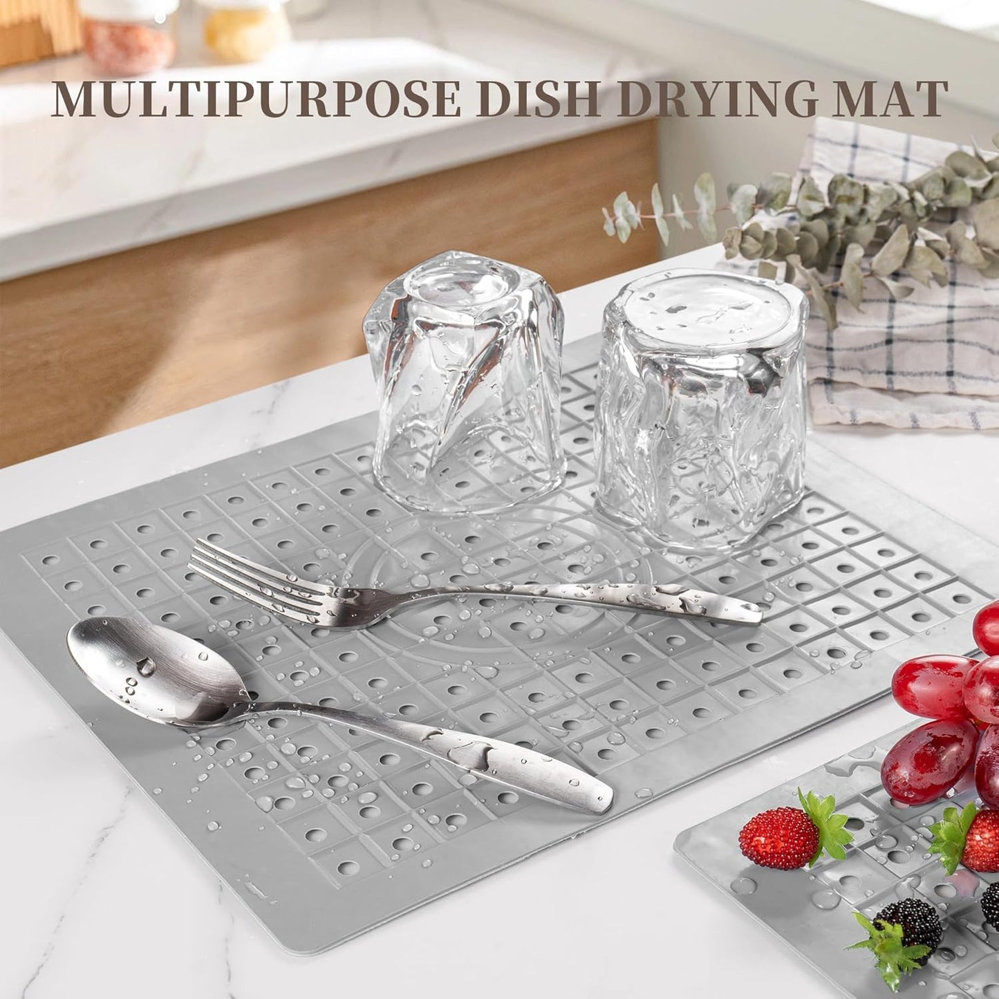 WILLKOMMEN Kitchen Sink Mat, 12" x 10" Rectangular Sink Protector Pad, Fast-Draining Grid Design Liner, Dish Drying Mat 2 Pack Grey