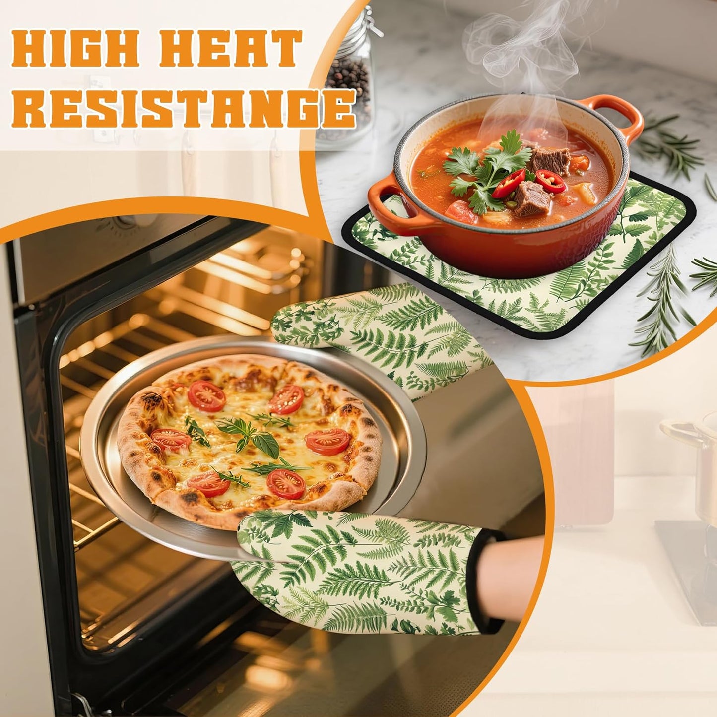 Fern Herbs Oven Mitts and Pot Holders Set,Botanical Floral Leaf Kitchen Decor Heat Resistant Non Slip Hot Pads and Oven Mitt for Chef Cooking Baking BBQ Mom Girl Gifts(4 Piece Set)