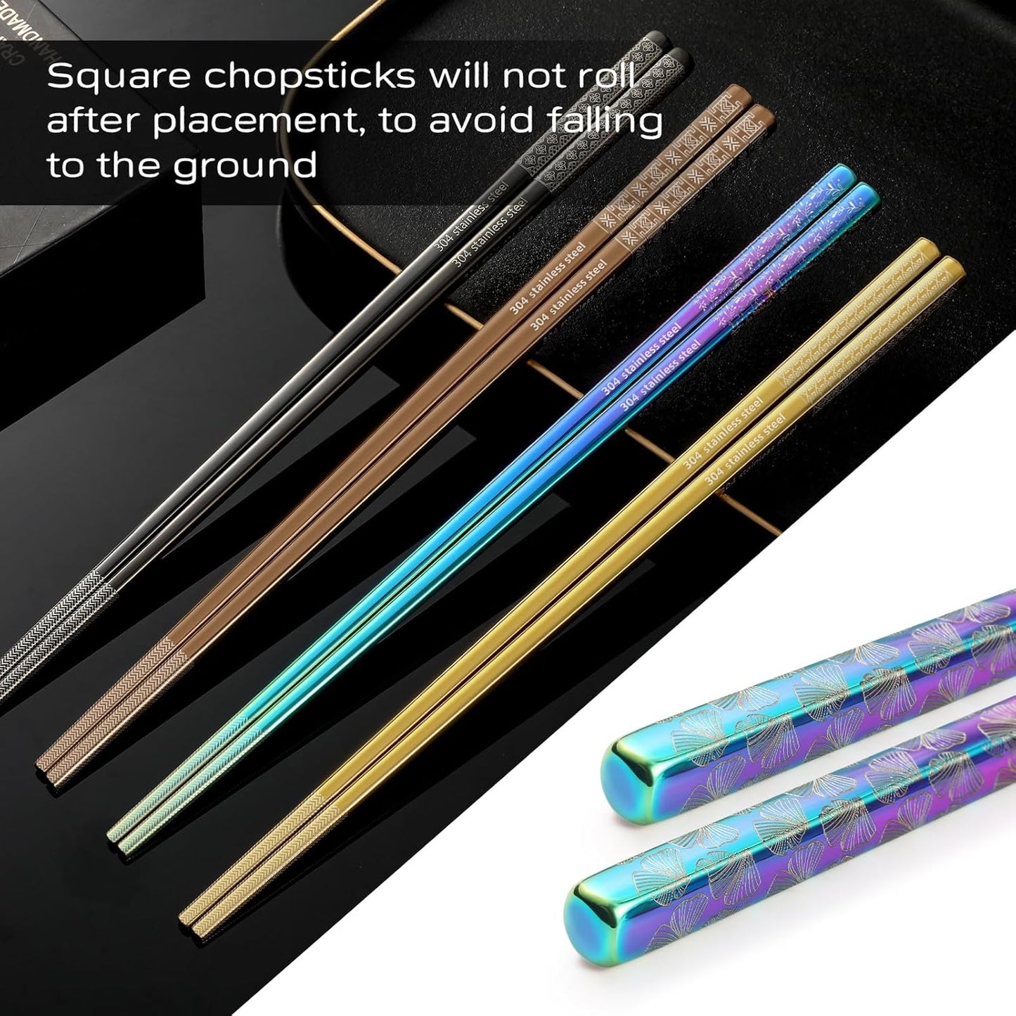 8 Pairs Metal Chopsticks Reusable Multicolor Stainless Steel Chopsticks Set Laser Engraved Non-slip Japanese Korean Chinese Chopstick for Cooking Eating Dishwasher Safe 9.25" Chop Sticks Gift Set