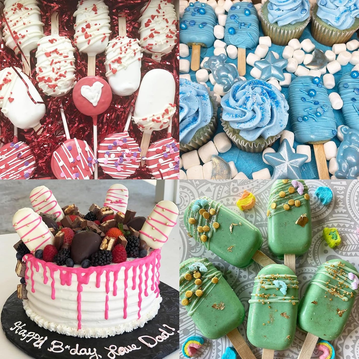 Ouddy Life Popsicle Molds Set of 2, Ice Pop Molds Silicone 4 Cavities Ice Cream Mold Oval Cake Pop Mold with 50 Wooden Sticks for DIY Popsicle, Green Blue