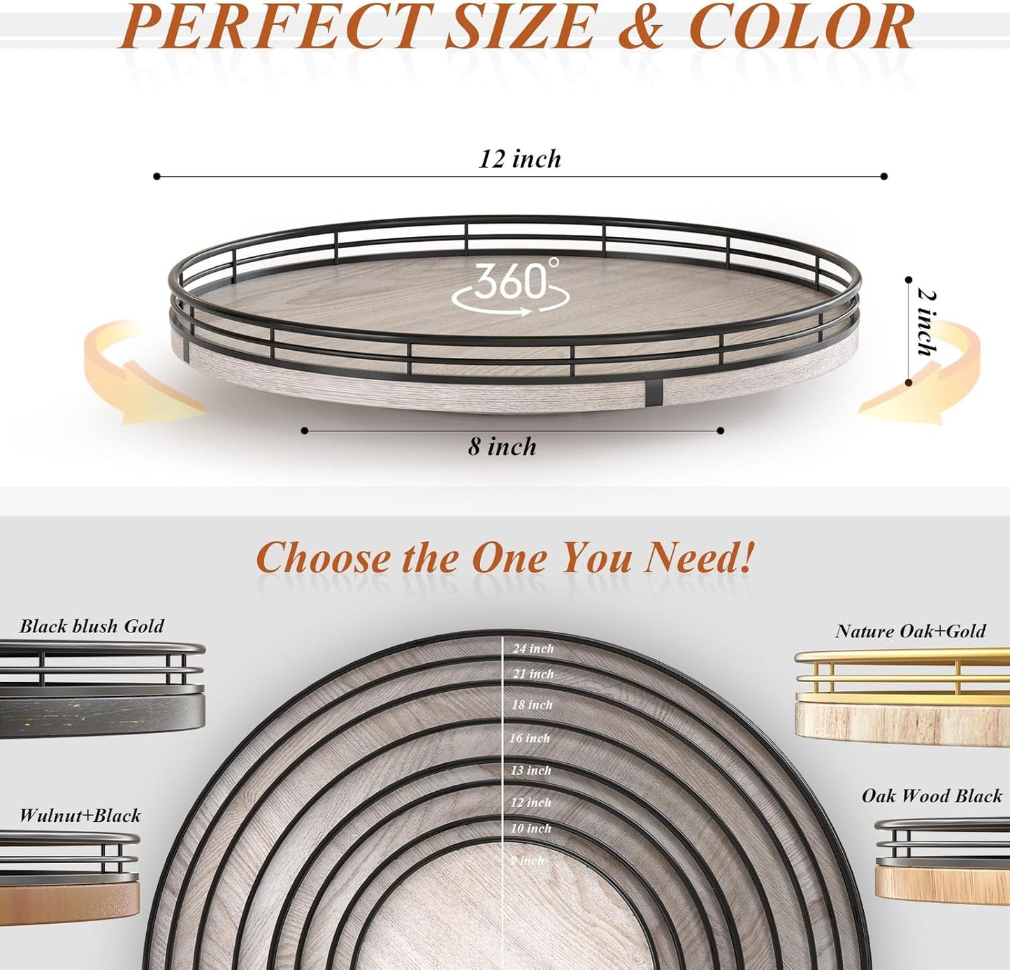 12" Farmhouse Lazy Susan for Kitchen & Coffee Table Decor β Rustic Wood Tray with Black Metal Frame, Decorative Centerpiece for Dining Room, Ottoman, Living Room, Serving or Vanity Use