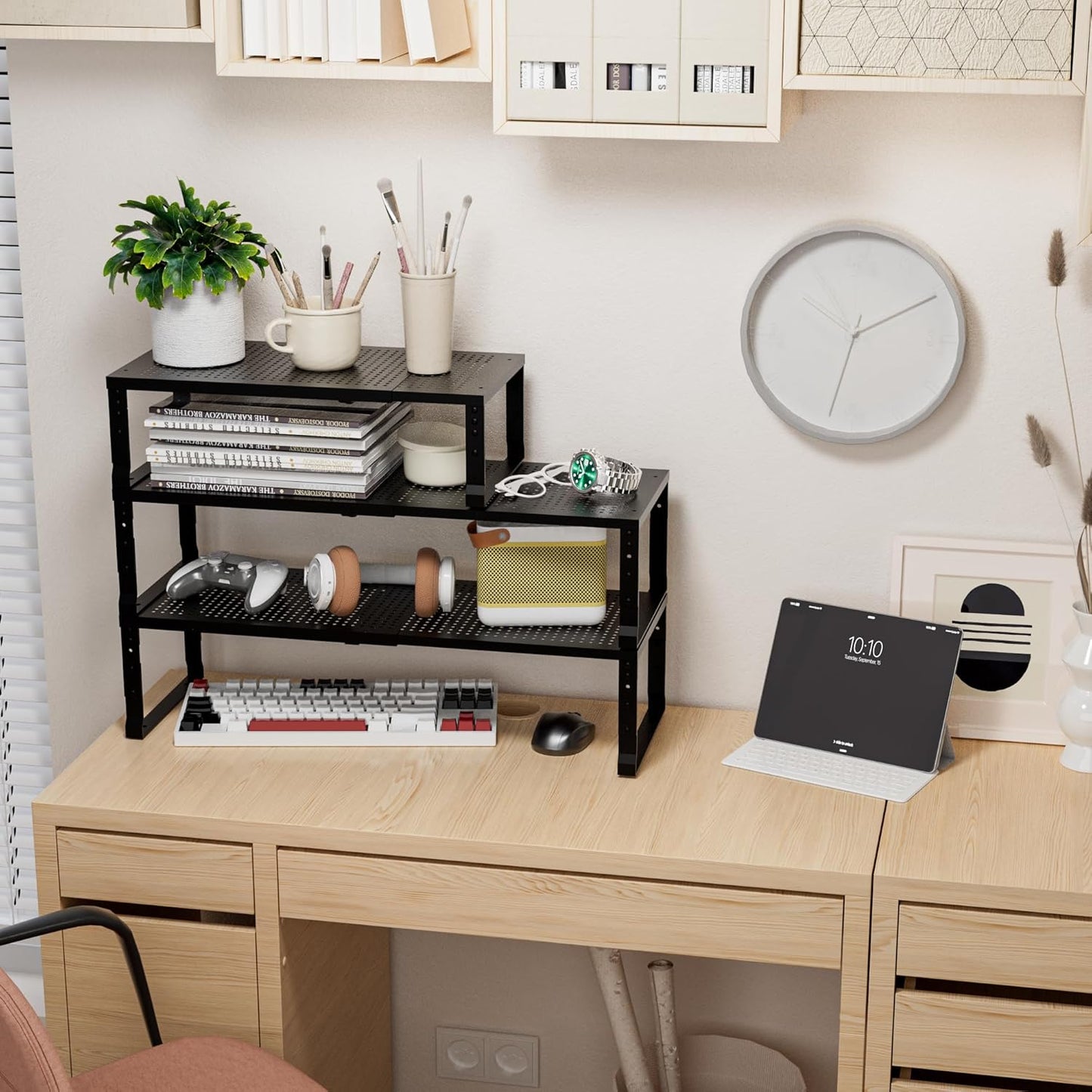 Expandable,Adjustable & Stackable Spice Rack, Cabinet Kitchen Countertop Shelf Organizer,Metal Pantry Storage Shelves - Space-Saving Storage Solution(1Pack/Black/Medium)