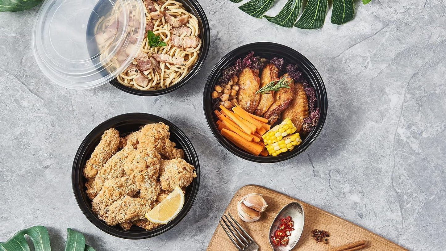 FULING 24 oz 150 ct Round Meal Prep Food Storage Containers with Lids To Go Plastic Lunch Plan Box Disposable Take Out Bowls Black BPA Free Reusable Durable Stackable Microwave Freezer Dishwasher Safe