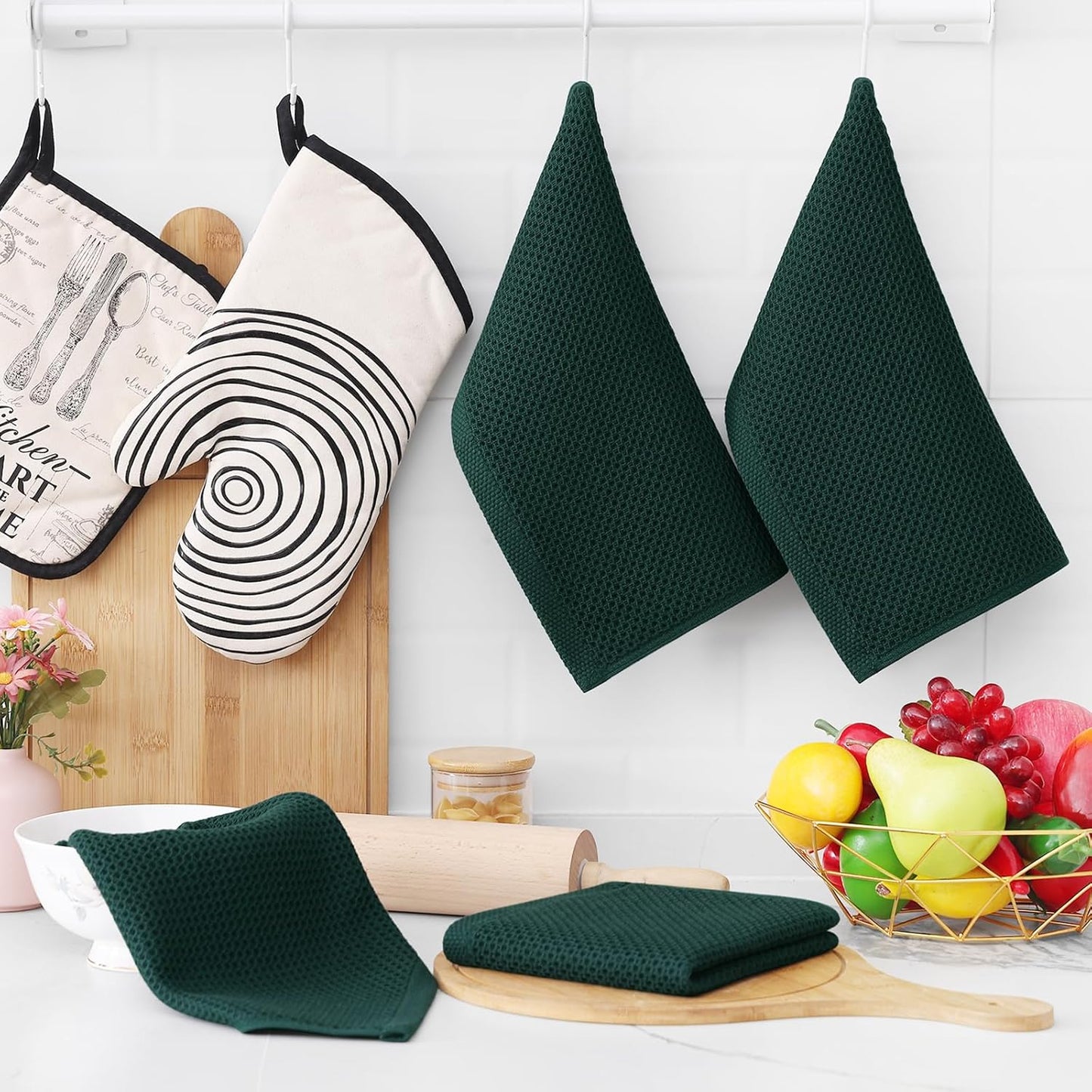 Homaxy 100% Cotton Waffle Weave Kitchen Dish Towels, Ultra Soft Absorbent Quick Drying Cleaning Towel, 13 x 28 Inches, 8-Pack, Blackish Green