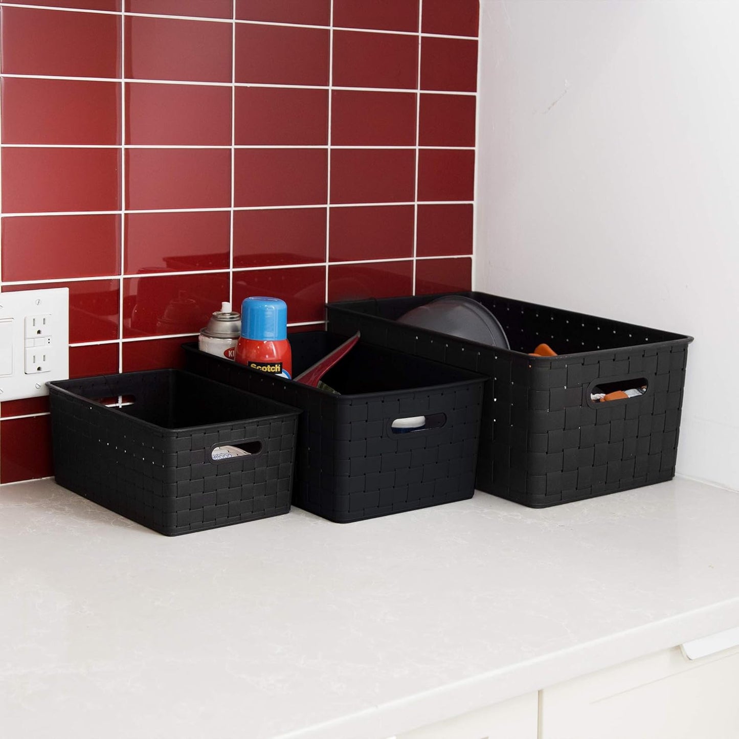 BINO Plastic Basket, Medium - Black, 4 Pack, The Stable Collection, Multi-Use Storage Basket, Rectangular Cabinet Organizer, Home & Office Storage Organizer, Baskets for Bathroom Organizing