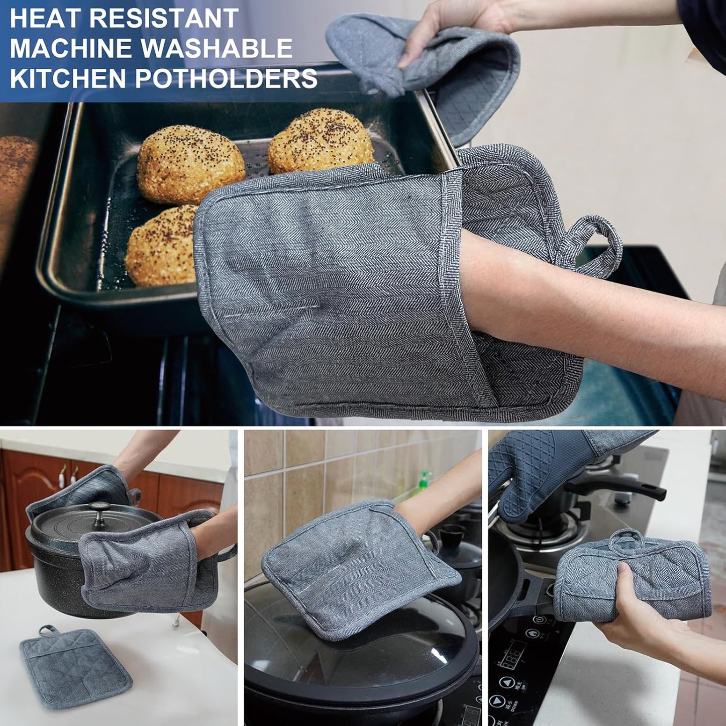 Pot Holders Yarn-Dyed Set of 3 Non Slip Silicone Kitchen Lines Heat Resistant 500℉ Kitchen Gloves BBQ Cooking Baking Women Men Cooking Barbecue Microwave Machine Washable (Gray Potholders)