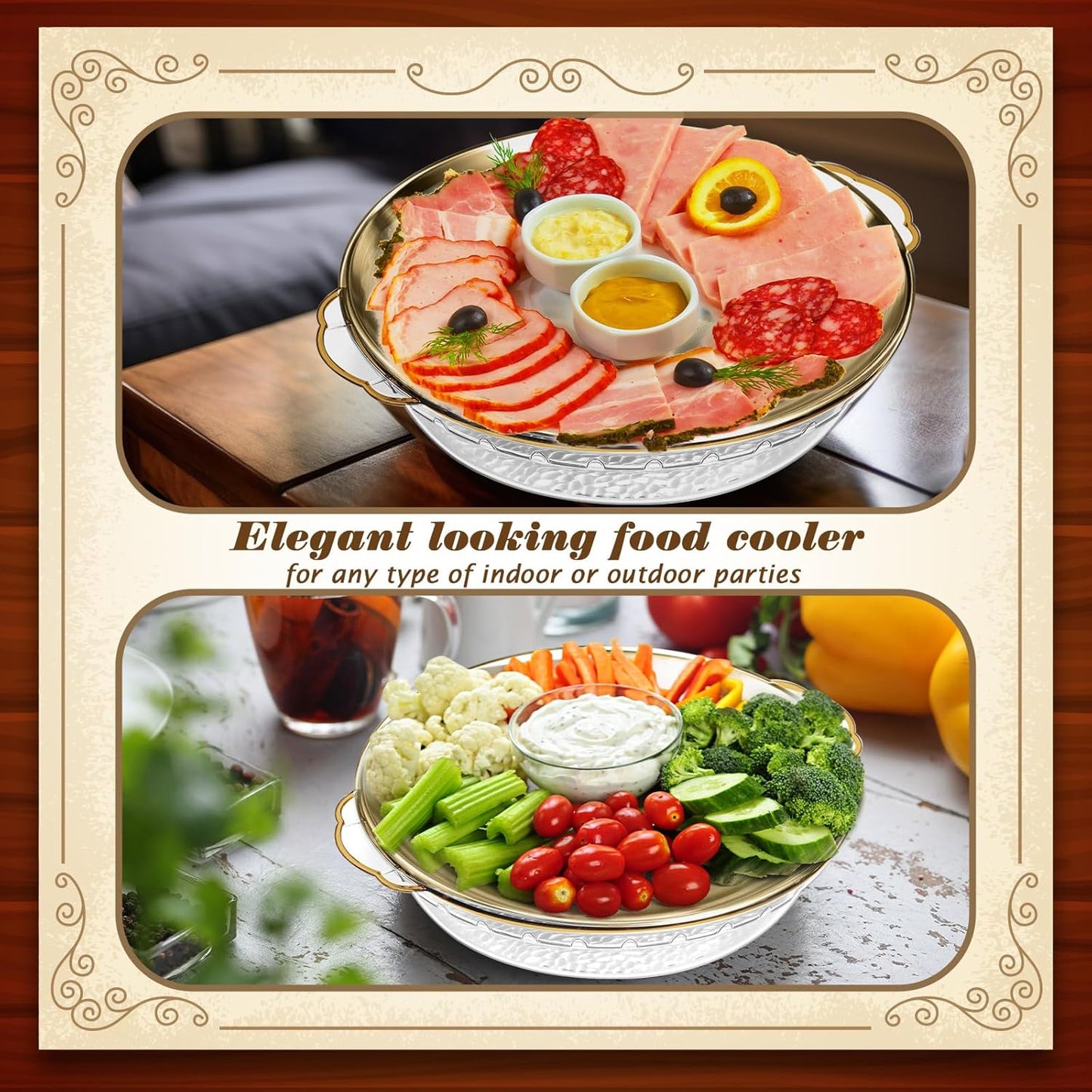 Baderke 1 Set 11.8" Chilled Serving Tray for Parties with Compartments Ice Chilled Party Platter Charcuterie Serving Board Cold Dish Dip for Fruit Seafood Vegetable Shrimp Cocktail (Gold)