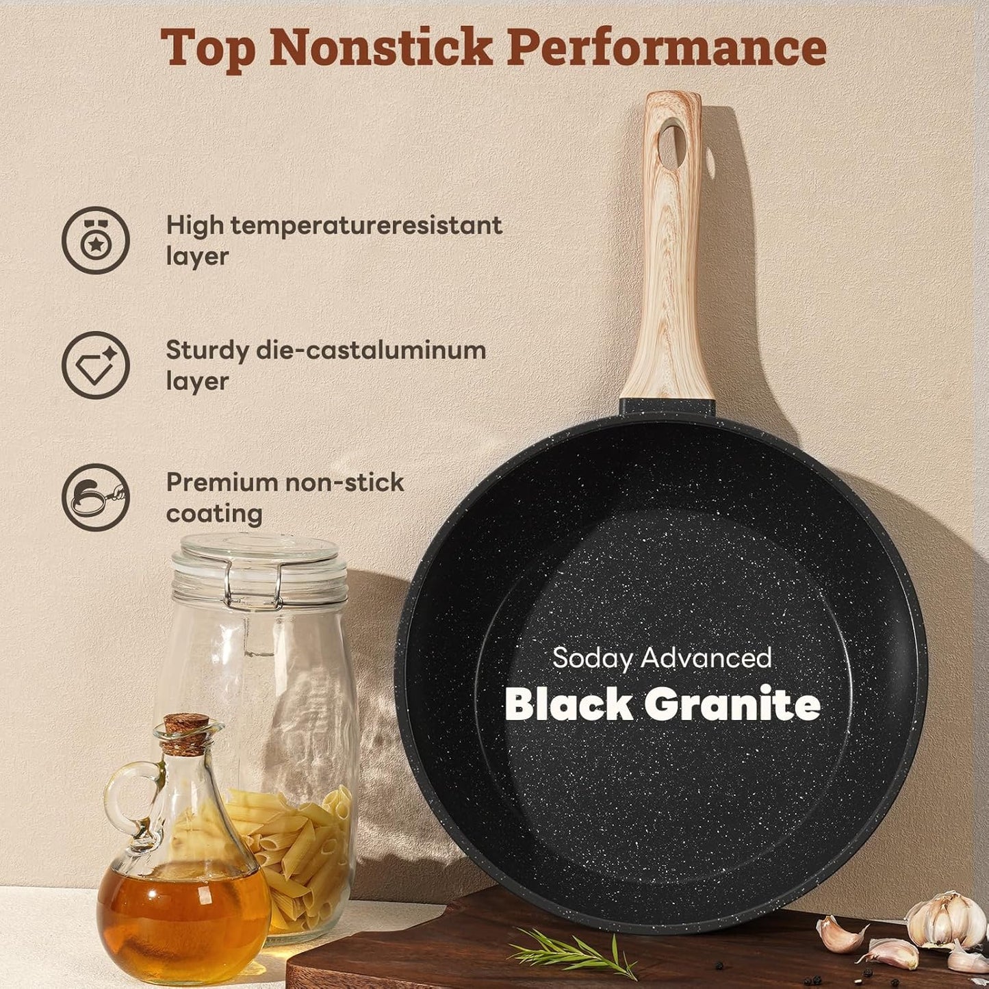 17 Pcs Pots and Pans Set Non Stick Kitchen Cookware Sets Nonstick Induction Cookware Non-toxic Black Granite Cooking Tools with Stay-Cool Handles, Pot Protectors (PFOS/PFOA Free)