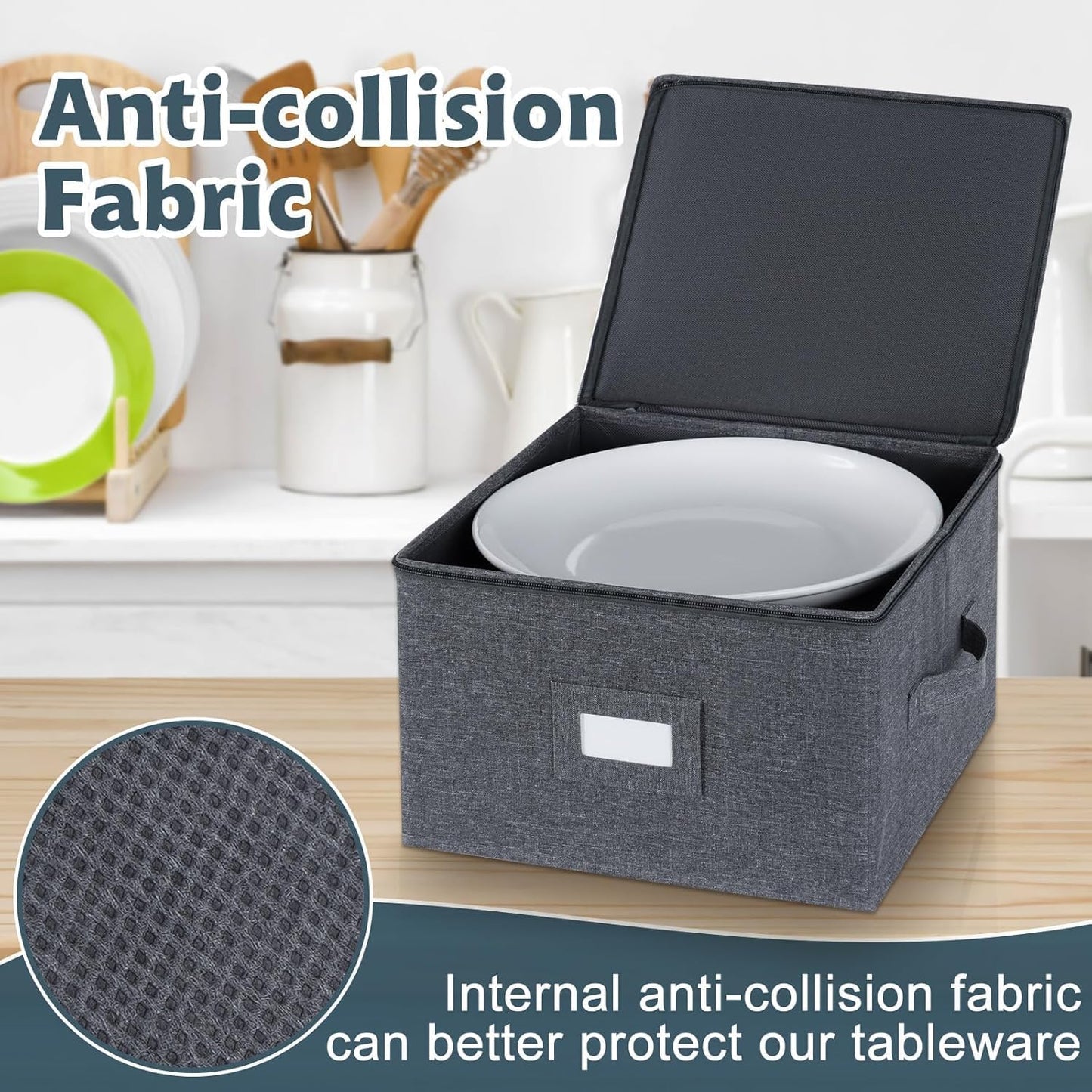 China Storage Containers Hard Shell Inside 13" W x 8" H, Charger Plate Storage Containers for Dishes, Dinnerware with 24 Felt Dividers, Hold 24 Plates, Stackable (2 Pack Grey)