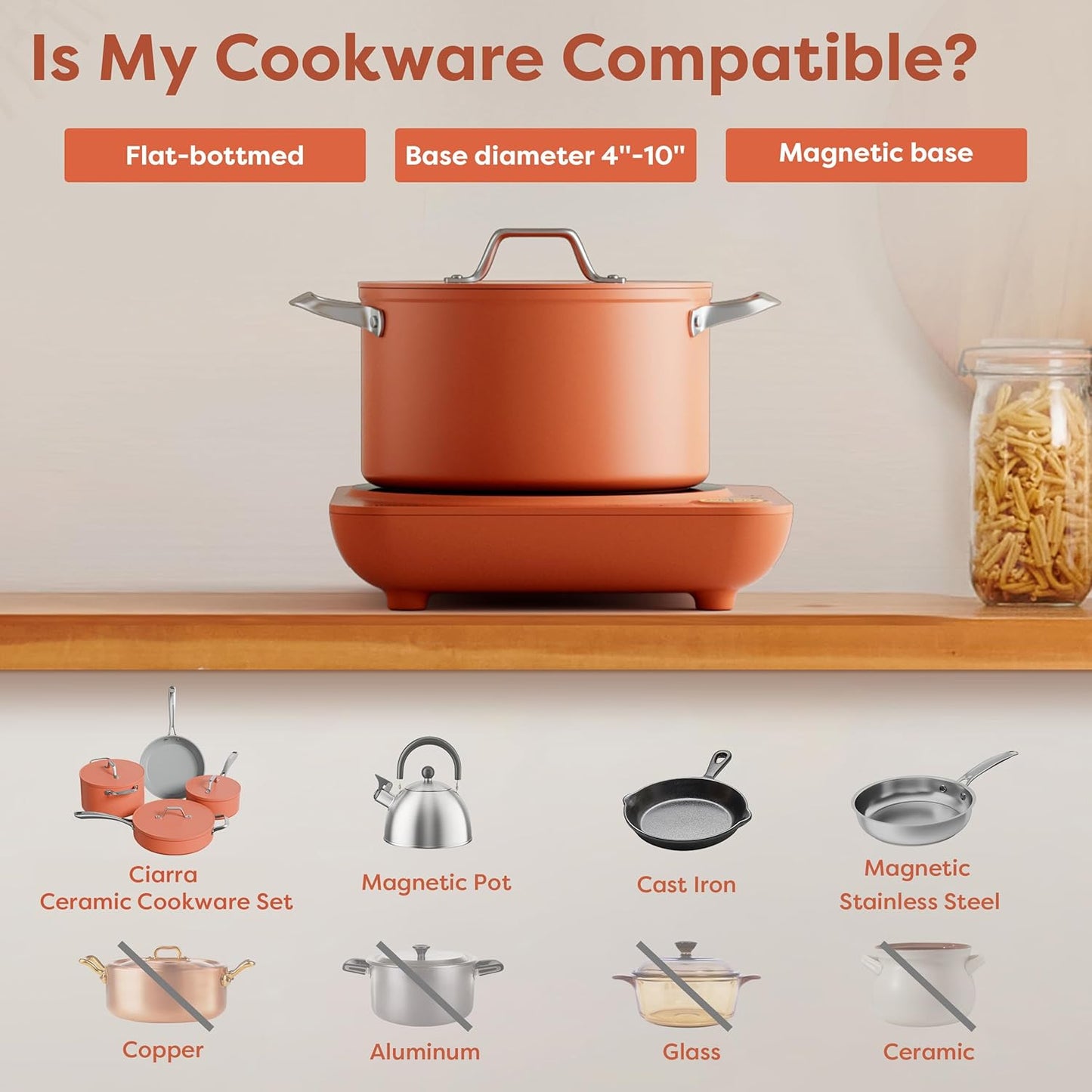 CIARRA CATIH1A-O Portable Induction Cooktop, Slim Single Electric Countertop Burner with Sensor Touch and Digital time, Orange