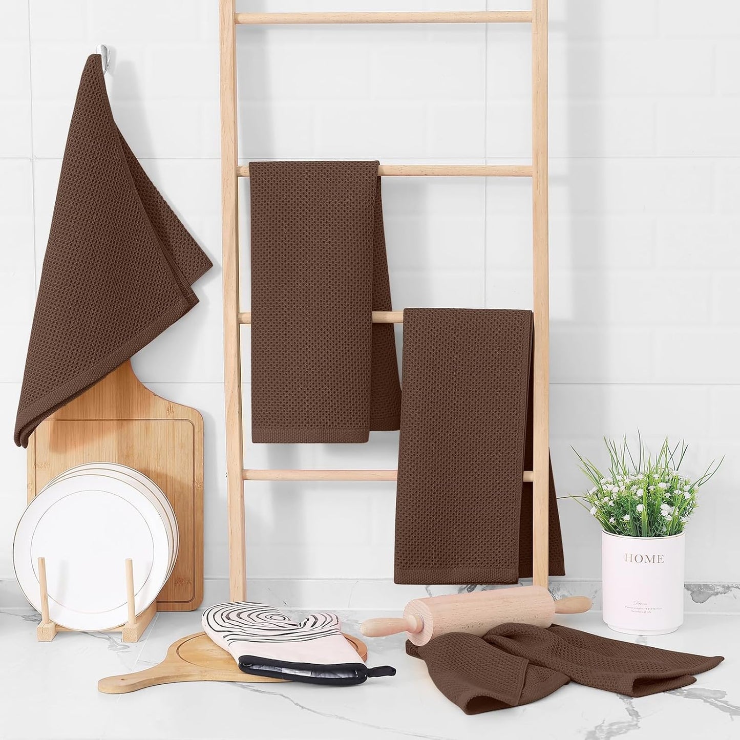 Homaxy 100% Cotton Waffle Weave Kitchen Dish Towels, Ultra Soft Absorbent Quick Drying Cleaning Towel, 13 x 28 Inches, 8-Pack, Coffee