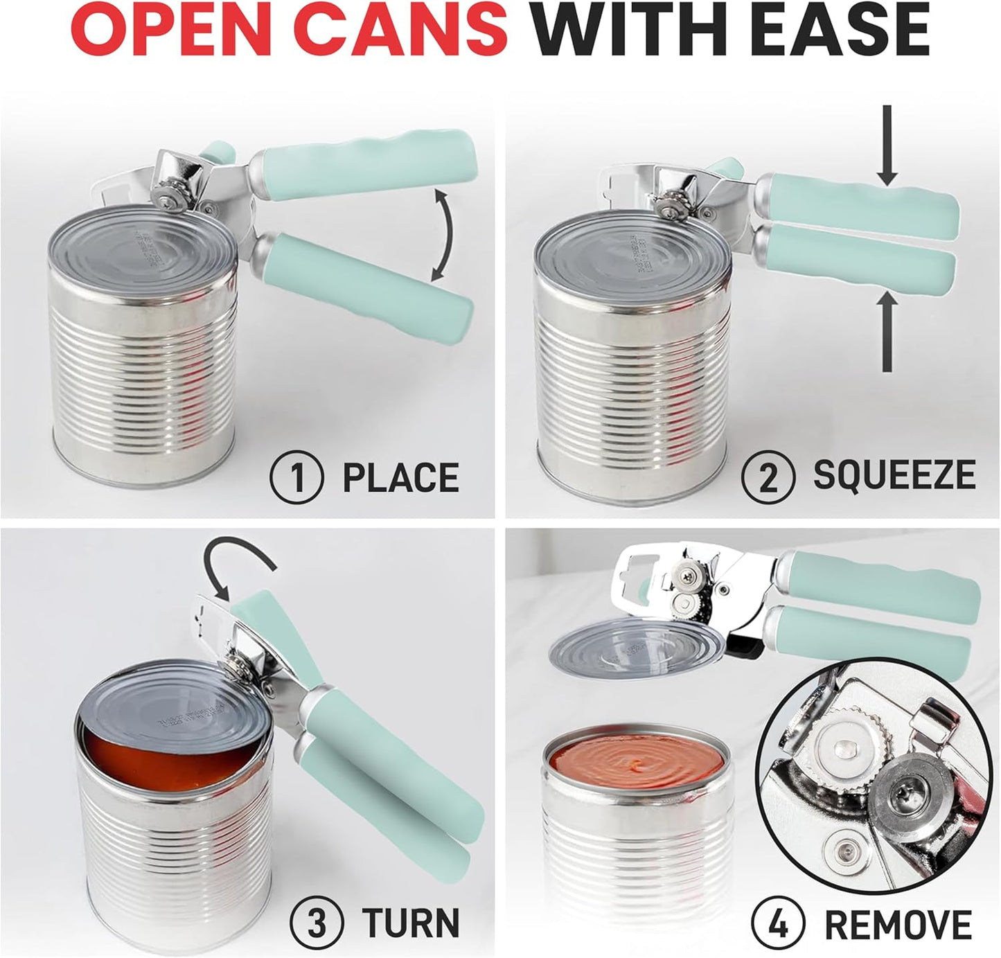 Zulay Kitchen Heavy Duty Stainless Steel Can Opener Manual with Bottle Opener - Rust Proof Manual Can Opener With Turn Knob & Comfy Soft Grip Handles - Mint
