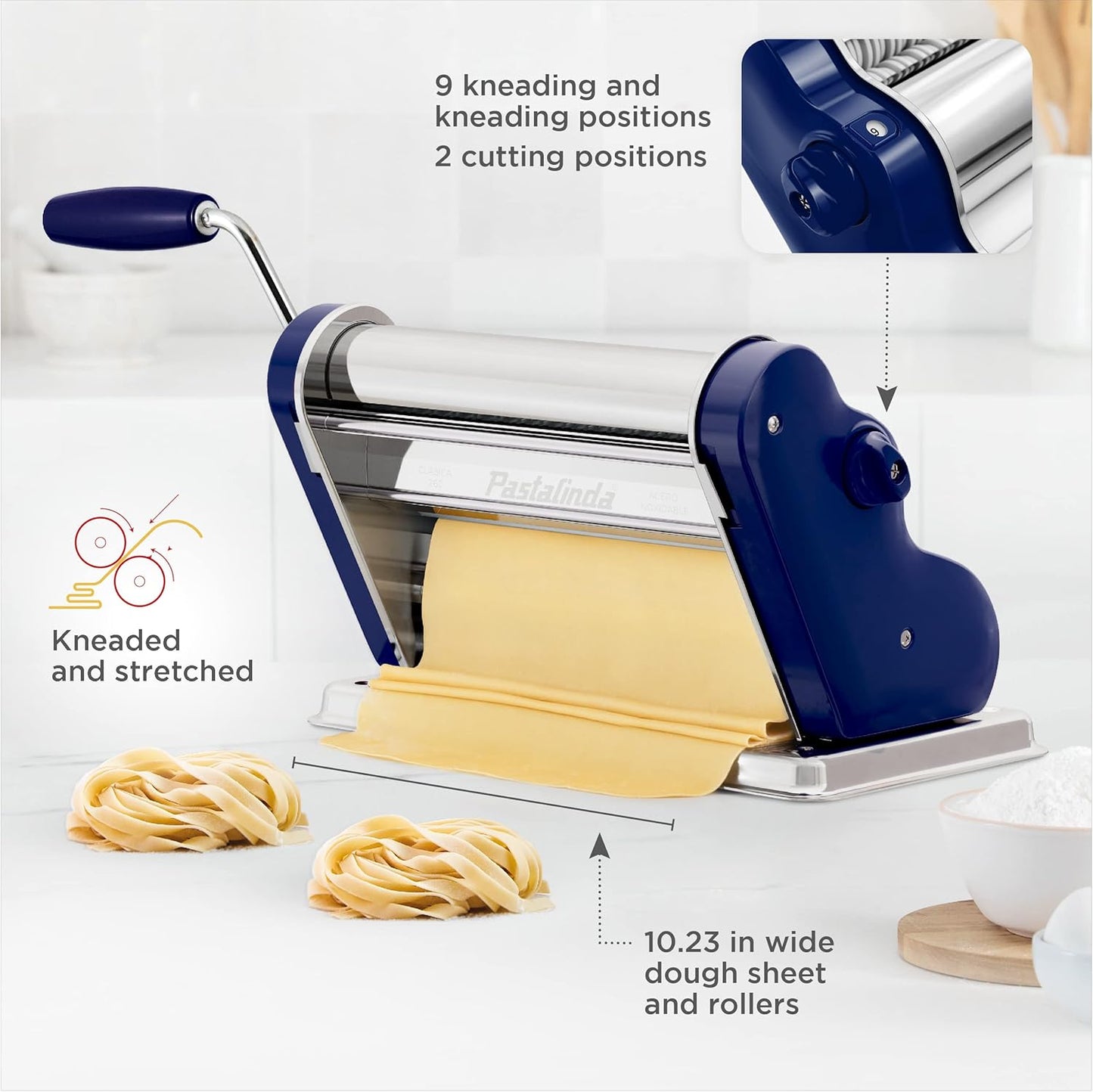 PASTALINDA Classic 260 Pasta Maker Machine, 26 cm Wide Rollers, 9 Thickness Positions, 2 Cutting Positions, Stainless Steel. Includes Reinforced Hand Crank And Two Clamps (Navy blue)