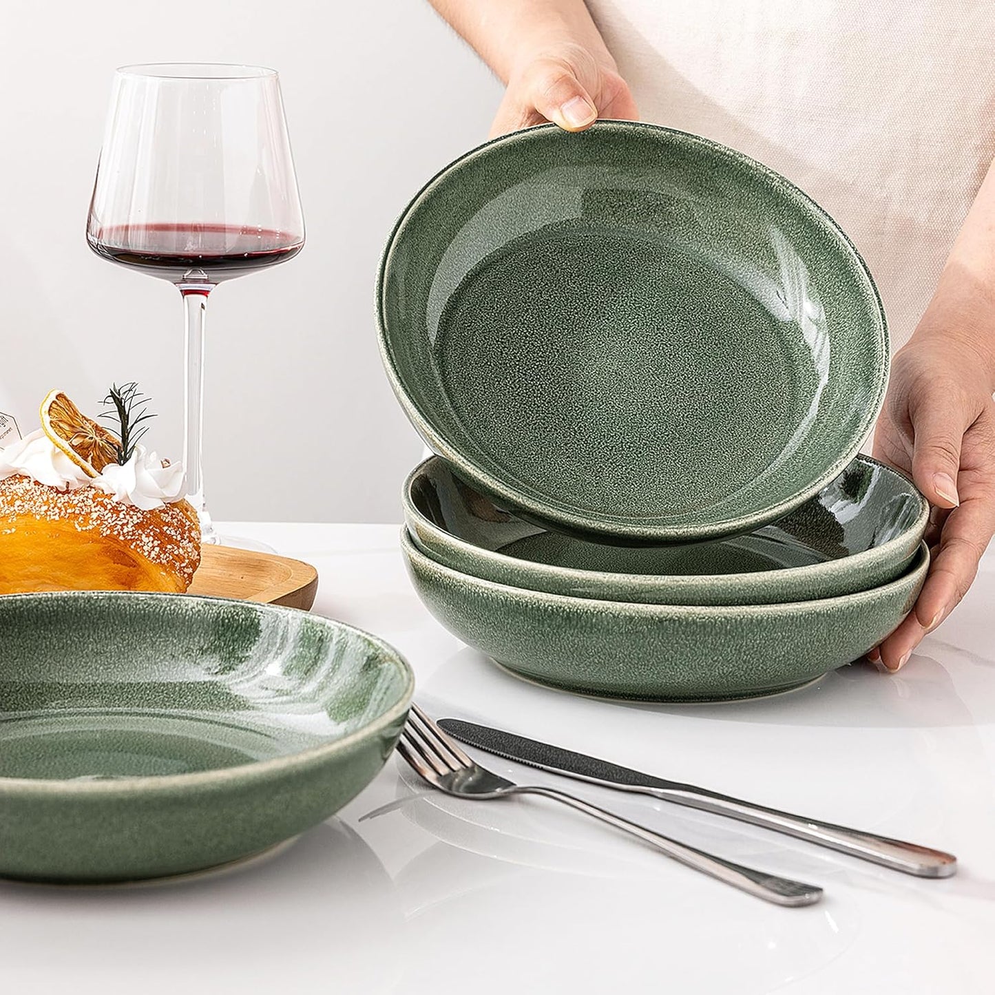 AmorArc 8.5'' Large Ceramic Pasta Bowls Set, 36oz Stoneware Bowls Set of 4 for Kitchen, Reavtive Glaze Bowls-Microwave, Dishwasher Safe for Pasta,Salad,Oatmeal -Jade Green