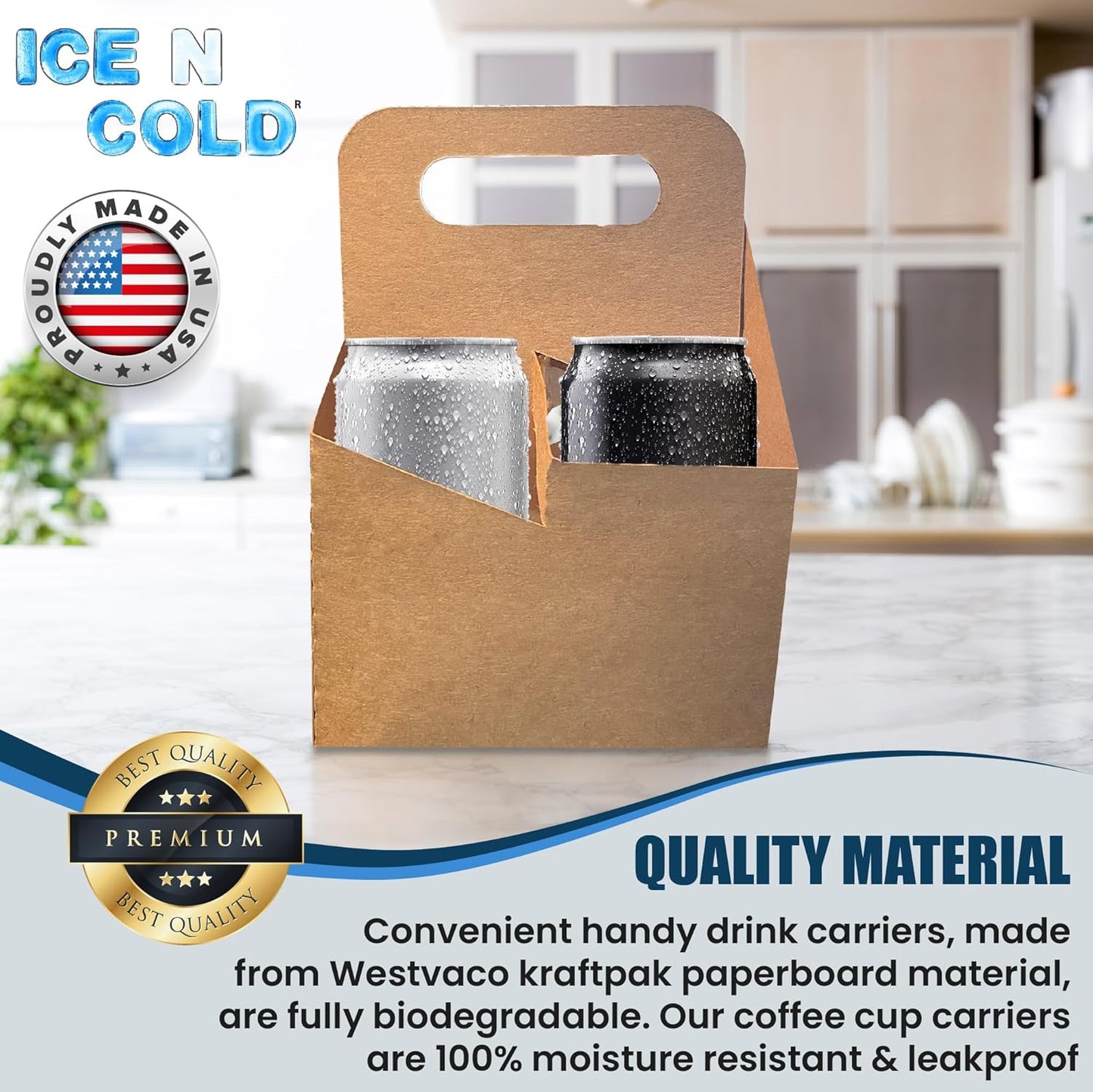 4 Cup Drink Carrier with Handle | Kraft Paperboard Holder Disposable for Hot or Cold Drinks Food Delivery Services, Uber Eats, Door Dash (225)