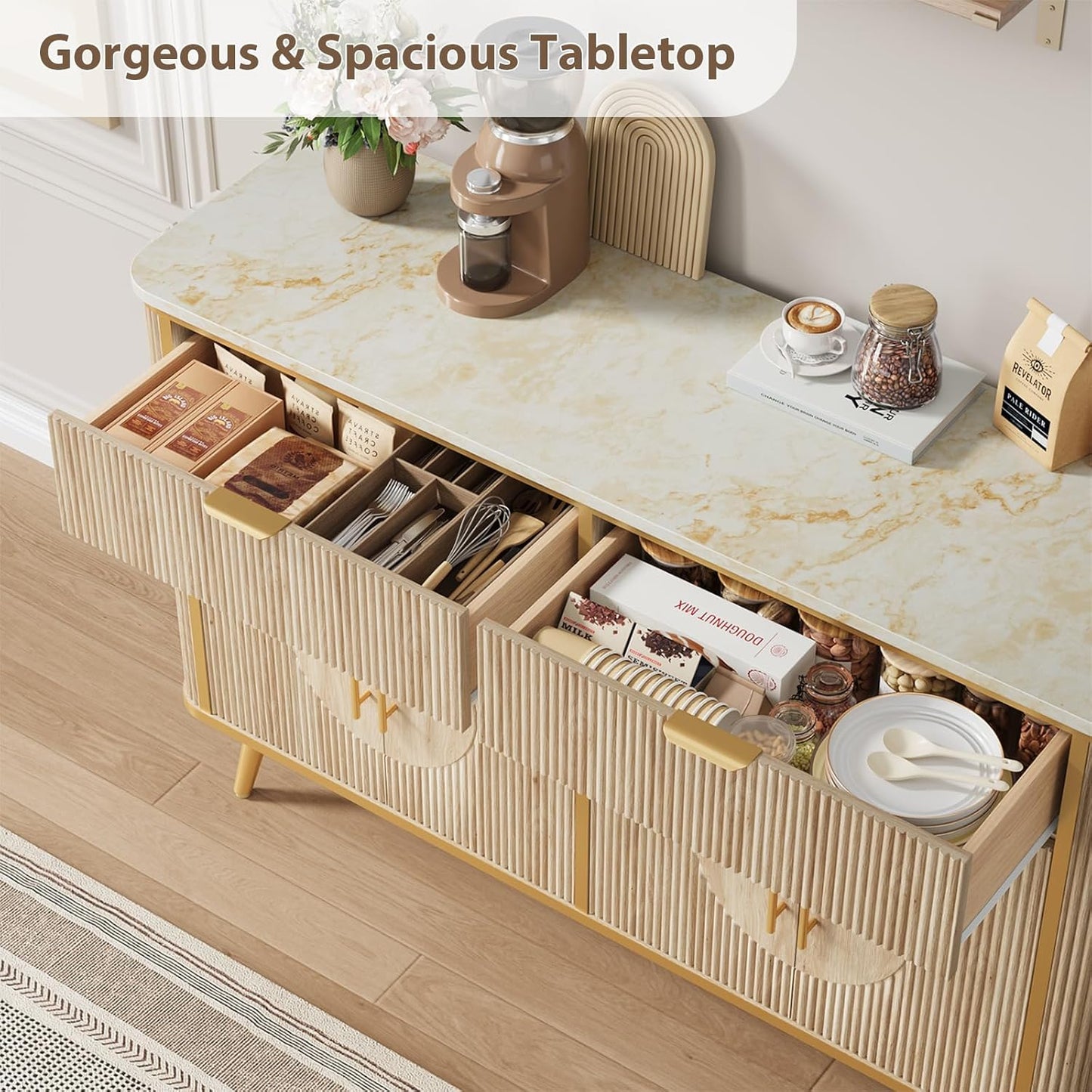 47.2" Buffet Storage Cabinet, Modern Fluted Coffee Bar Station with 2 Drawers & Adjustable Shelves, Kitchen Sideboard Buffet for Dining Room, Living Room, Hallway, Natural Oak