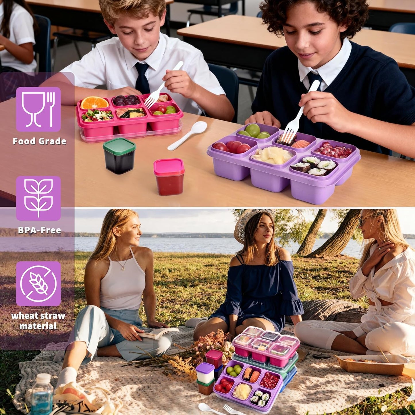 4-Pack Leakproof Bento Box & Snack Containers for Kids & Adults | 6-Compartment with 4 Sauce Cups | Ideal for School, Office, Picnic & Travel (38oz/1100ml) (Pink/Blue/Purple/Green)