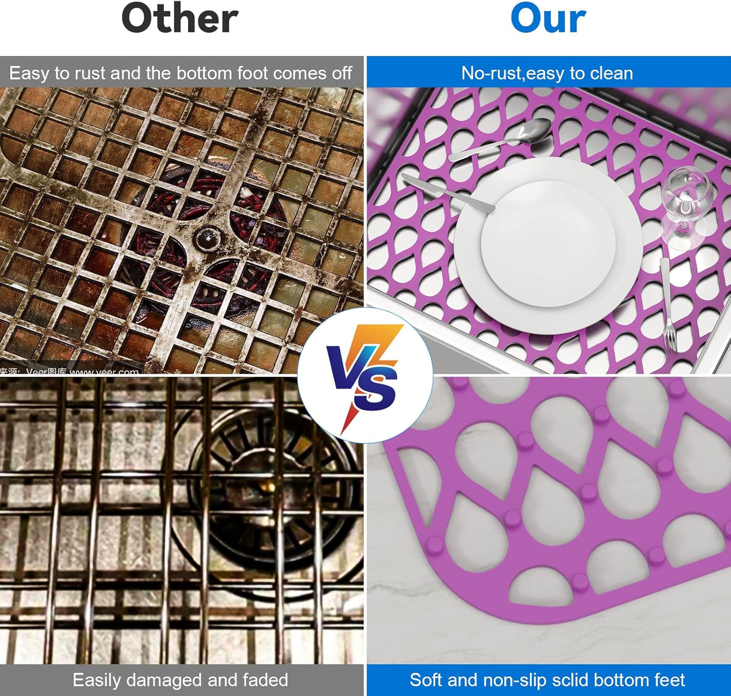Sink Protectors for Kitchen Sink, 13.58"x 11.6" 2PCS Dish Rack, Protect from Stains, Damage, Scratches, Dishwasher Safe Grid, Silicone Mat for Kitchen Purple