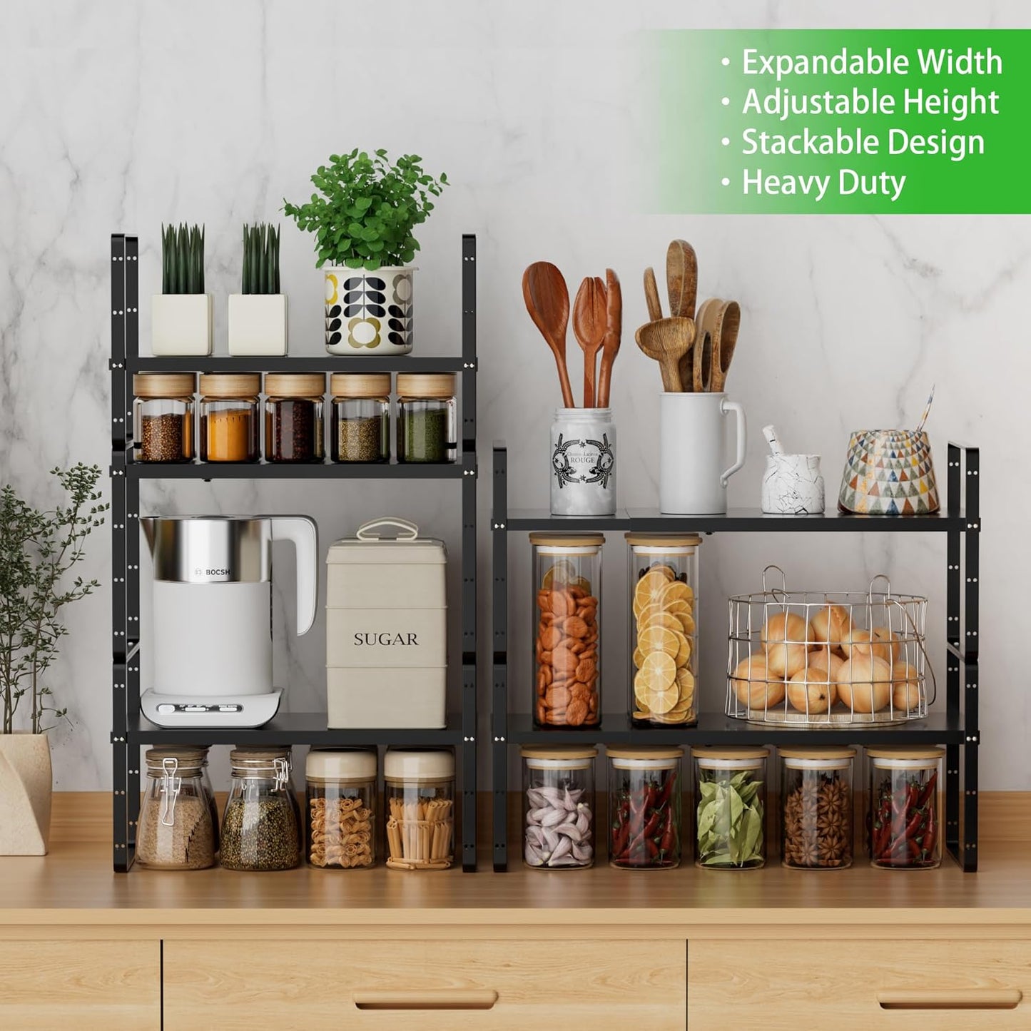 Expandable Cabinet Storage Shelf Stackable Organizer Rack for Kitchen Bathroom Pantry Spice Cupboard Countertop Home Office Desk Heavy Duty Nonslip Black Large 2 Pack