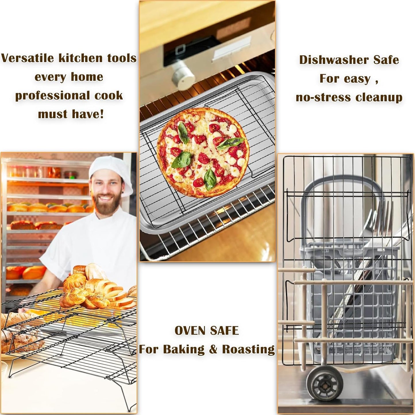 3-Tier Cooling Racks for Cooking and Baking - 13" x 9.6" Stackable Heavy Duty Stainless Steel Wire Rack for Baking, Grilling, Roasting - Oven & Dishwasher Safe - Black