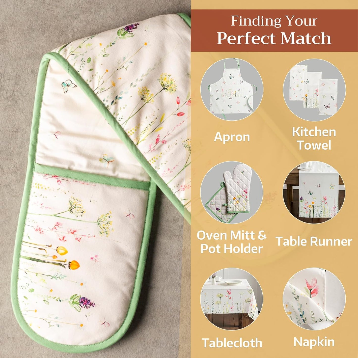 Maison d' Hermine Double Oven Mitts 100% Cotton 7"x35" Double Oven Mitt Heat Resistant BBQ Cooking Gloves with Loop, Baking, Grilling, Home, Kitchen, Handling Hot Pans Spring Summer (Botanical Fresh)