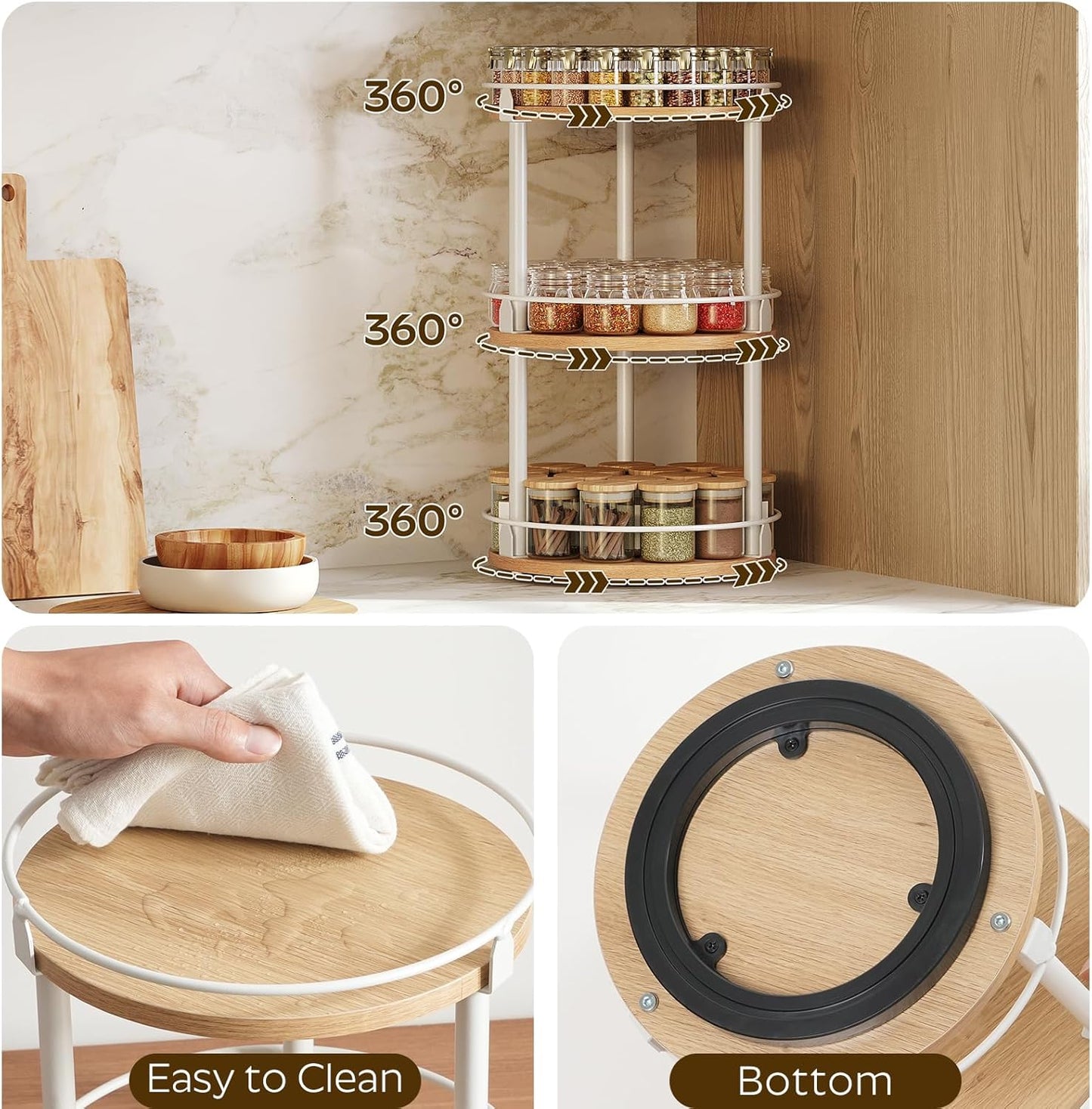 3-Tier Lazy Susan Organizer, Rotating Spice Rack, Spinning Organizer, Industrial Turntable Spice Rack Organizer for Cabinet, Kitchen Countertop, Pantry, White and Natural SR23WN