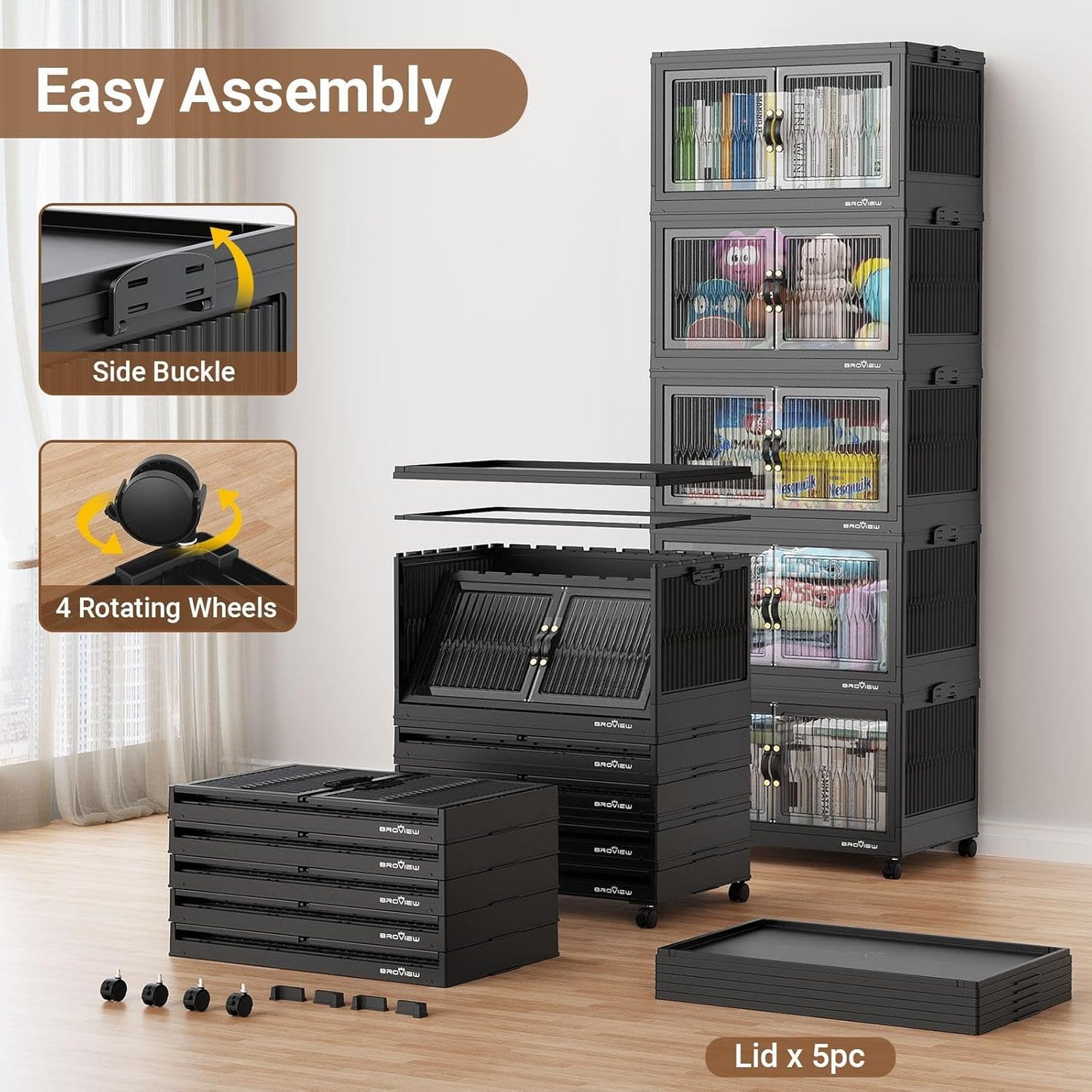 400Qt Stackable Storage Bins with Lid, Extra Large Closet Organizer Collapsible Drawer Boxes with Wheels, Folding Plastic Cabinet Containers for Home Kitchen Room Organization, 4Pack Black