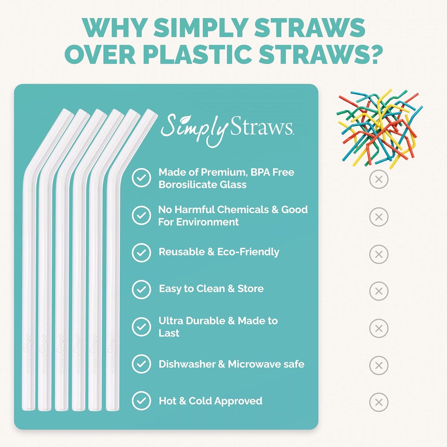 Simply Straws 8 Inch Glass Straws Bent (6-Pack) – Reusable Glass Straws for Pints & Juice Drinkware, with Cleaning Brush – Dishwasher Safe, Hot & Cold Use, BPA-Free (Air)