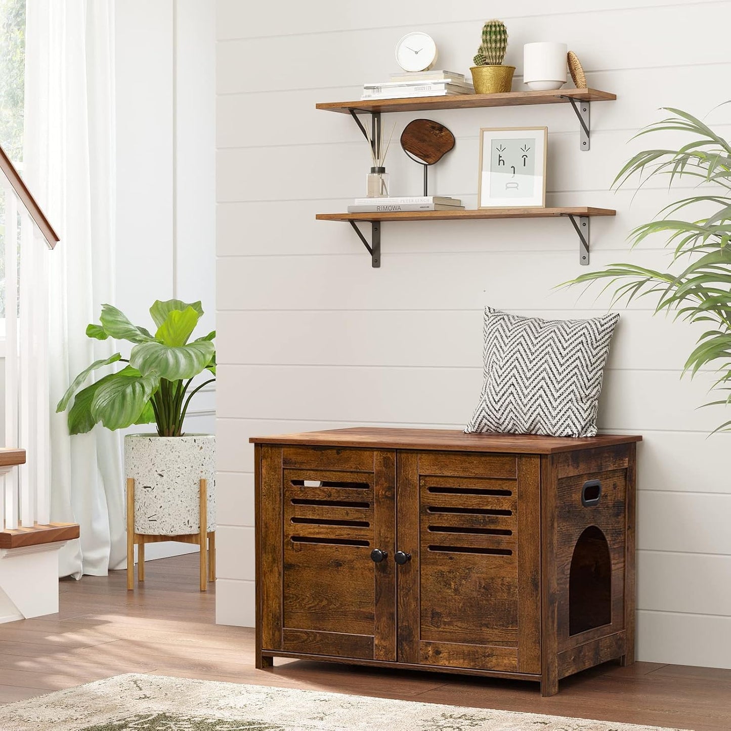 DINZI LVJ Wall Shelves, 23.6 x 7.9 x 6.1 Inch Floating Shelves for Wall, Easy-to-Install Wall Storage Ledges with Sturdy Metal Brackets for Living Room, Bathroom, Kitchen, Rustic Brown