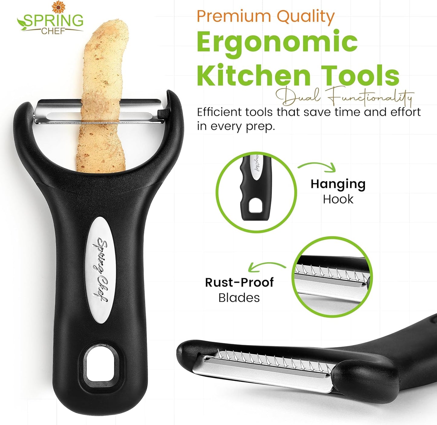 Spring Chef Stainless Steel Swivel, Y & Julienne Vegetable Peelers for Kitchen, Potato Peelers with Soft Grip Handles, Kitchen Utensils Set of 3 for Fruits, Veggies, Apple, Carrot, Cucumber - Black