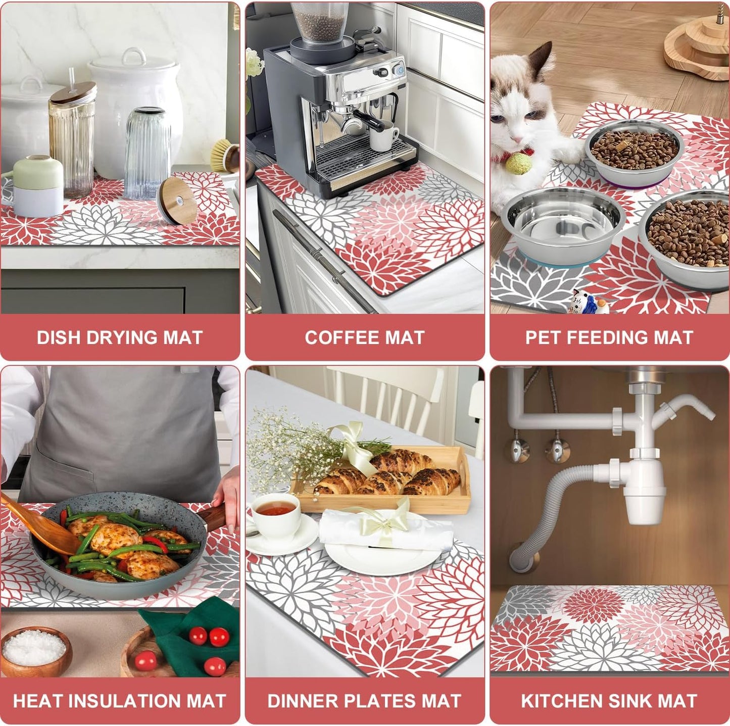 Findosom 2PCS 16" x 24" Dish Drying Mat & 24" x 5.5" Sink Splash Guard, Super Absorbent & Cuttable Dish Mat Drying Kitchen Mat with Red Floral, Hide Stain Drying Mat for Kitchen Counter