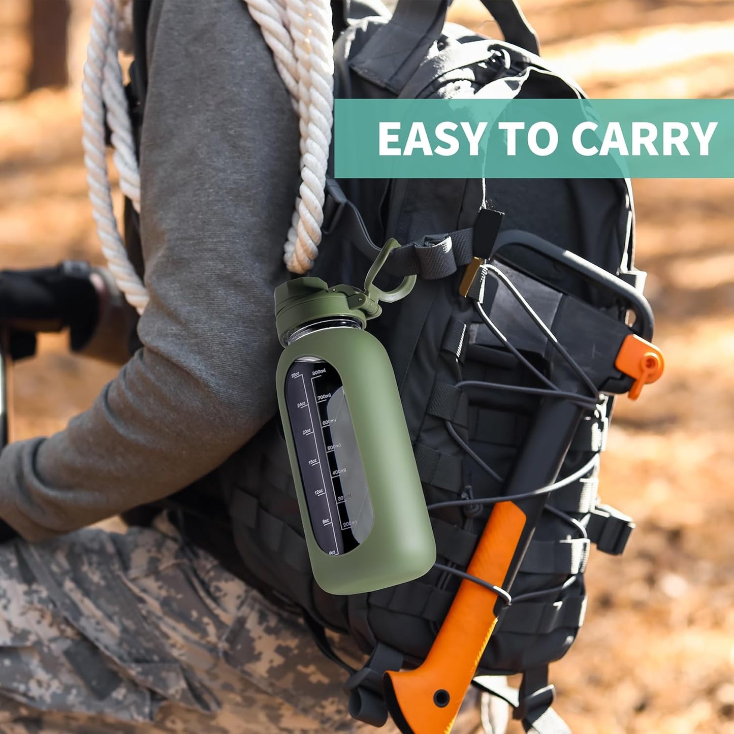 CIVAGO 32 oz Glass Water Bottle with Straw and Handle, Large Sports Motivational Water Bottle Flask with Time Marker and 2 Lids, Leakproof Water Jug Canteen with Silicone Sleeve for Gym,Beige