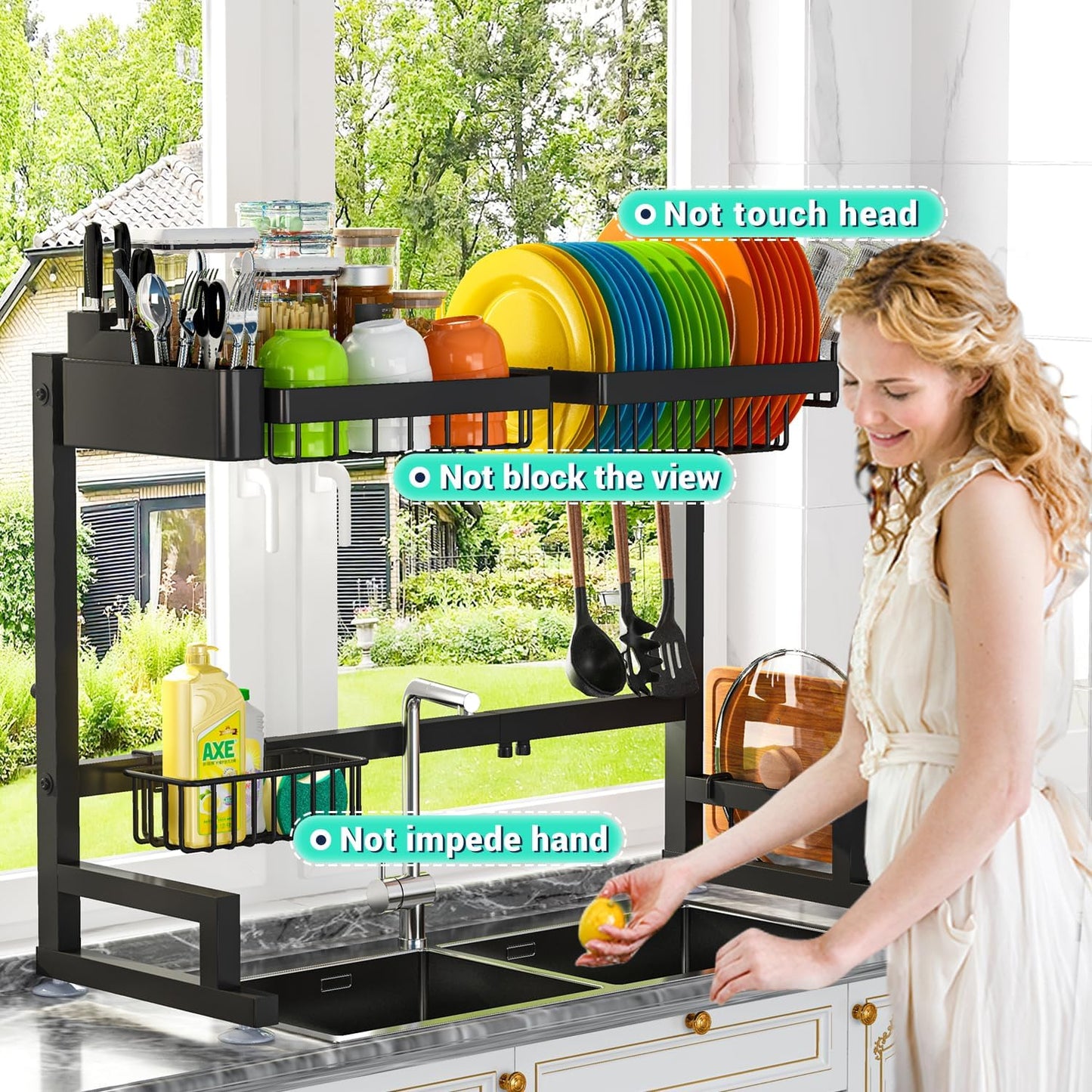 ADBIU Fit Sink 24.5"- 35.5" L Over Sink Dish Drying Rack (Expandable Dimension) Snap-On Design 2 Tier Large Kitchen Dish Rack Stainless Steel Counter Organization and Storage