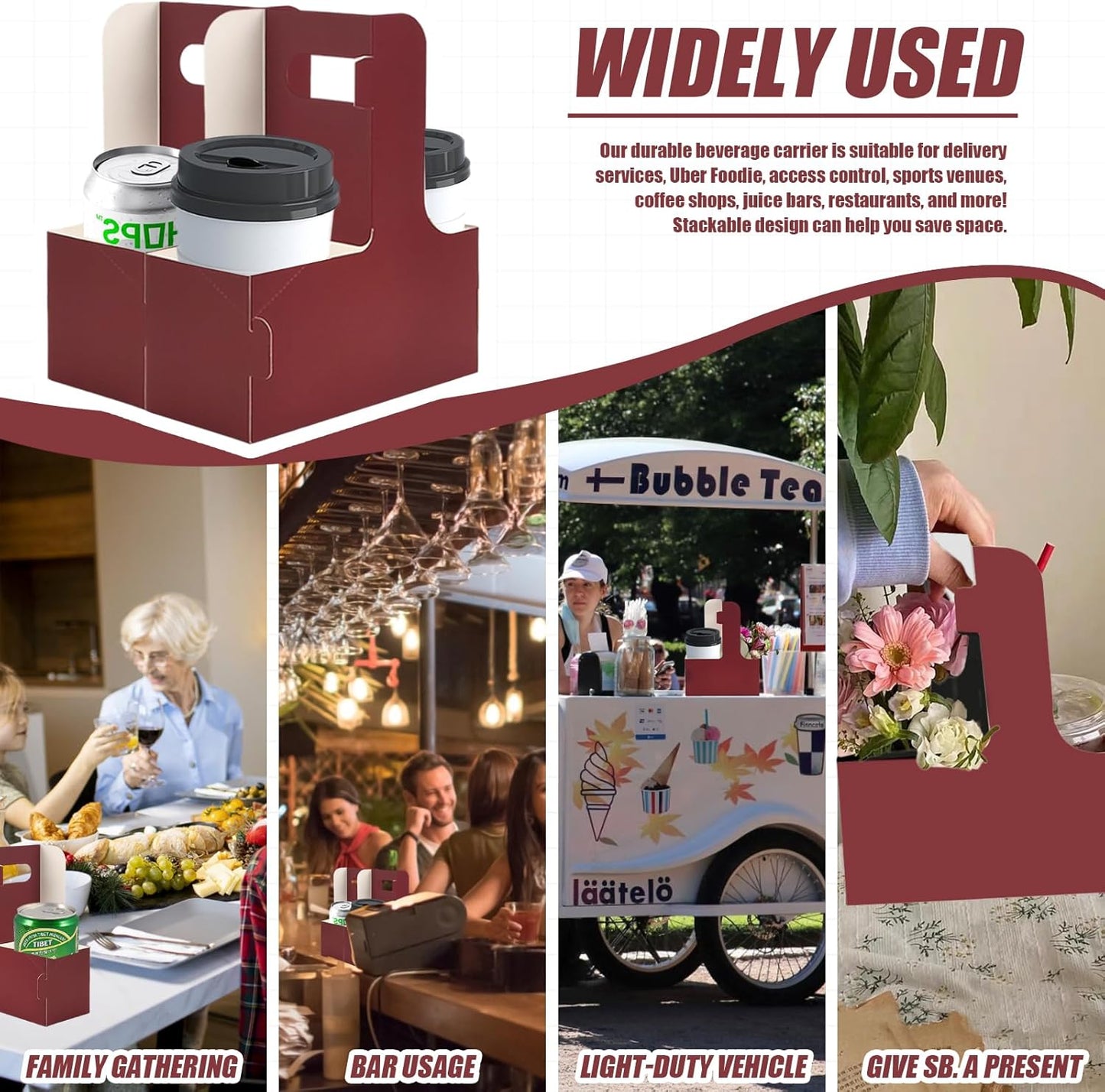 2 Cup Disposable Drink Carrier for Delivery with Handle,30 Count Red Paperboard Cup Holder,Cup Carriers for Hot or Cold Drinks,Coffee Carrier, Food Delivery,Take Out Cup Carriers (Wine Red, 30 PCs)