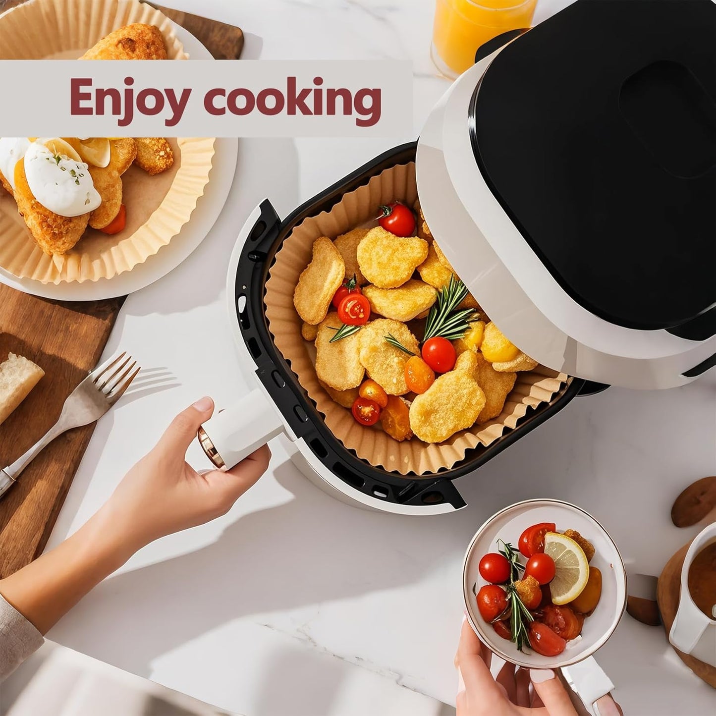 10 Inch Air Fryer Liners Disposable, 100 Pack Parchment Paper Sheets for Air Fryer Basket, Non-Stick, Disposable, Unbleached, Heat Resistant, Fits 5-8 QT Air Fryers, Oil-Free & Healthy Cooking