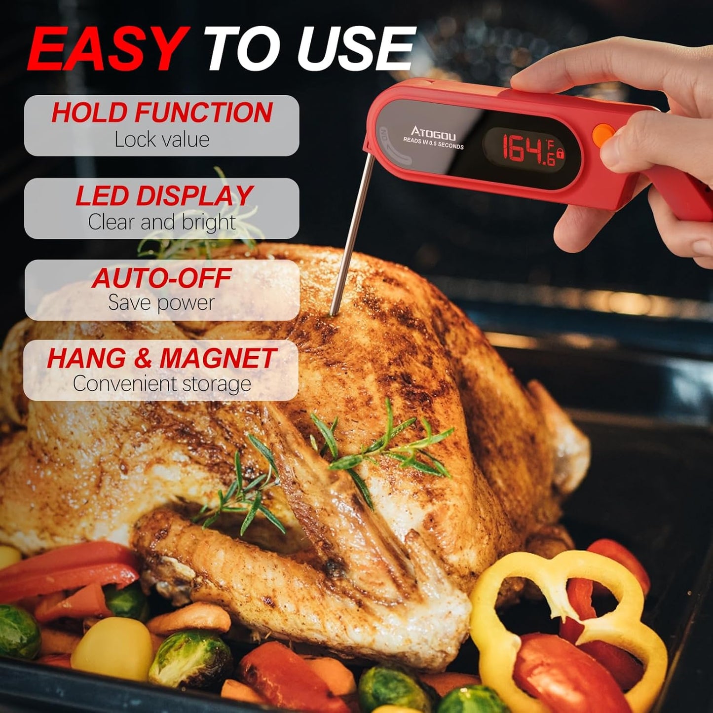 Meat Thermocouple Thermometer Digital, Ultra Fast Instant Read <1 Sec, ±0.5℉ Accuraty, IP67 Waterproof, LED Display, Auto Off, Digital Kitchen Thermometer for Meat/Candy/Grill/BBQ etc. TH-21 (Red)