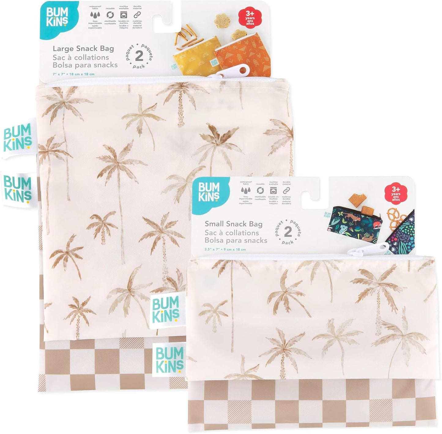Bumkins -Cloth Snack & Sandwich Bags -For Storage, Travel, Food Prep, Lunch -Reusable, Water Resistant, Washable, Dishwasher Safe -Snack Bags for Kids -Zipper Closure -Beige Check & Palm Trees -4 Pack