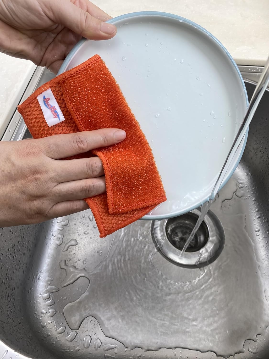 15 Pack Microfiber Scrub Dish Cleaning Cloth, Non-Scratch, Reusable & Durable for Pan Pot Dish Cooktop Stovetop Counter Kitchen Household, Machine Washable, 6 x 6 Inch, Orange, Blue & Green Assorted