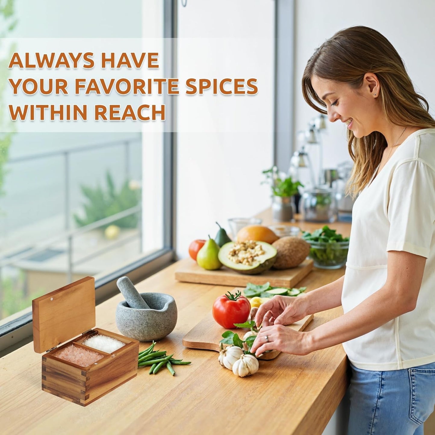 Demigo Acacia Wood Salt Cellar with Magnetic Flip Lid - 20 oz Large Capacity Salt Box for Kitchen - Keeps Spices, Herbs & Seasonings Fresh (Natural Brown)