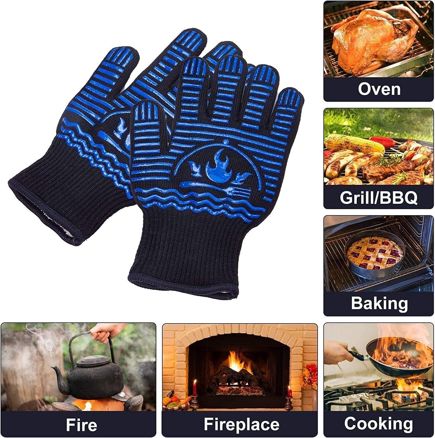 BBQ Gloves, 1472°F Extreme Heat Resistant Grill Gloves, Non-Slip Food Grade Silicone Oven Mitts for Kitchen, Cooking, Barbecue, Baking, Smoker (11inch)