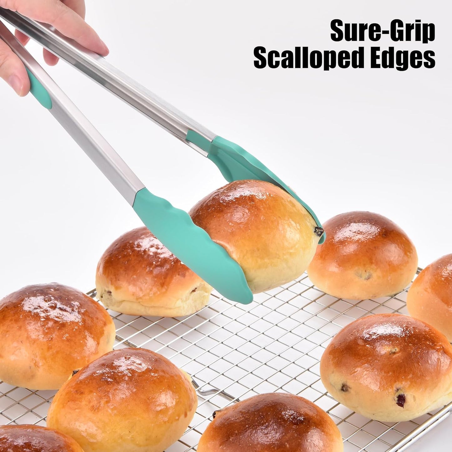 Doosu Kitchen Tongs for Cooking - 600°F Heat Resistant Food Tong with Non-Scratch Silicone Tips, Heavy Duty Stainless Steel Locking Tong for BBQ, Grilling Steak, Serving Salad, Pasta (12in, Aqua Sky)