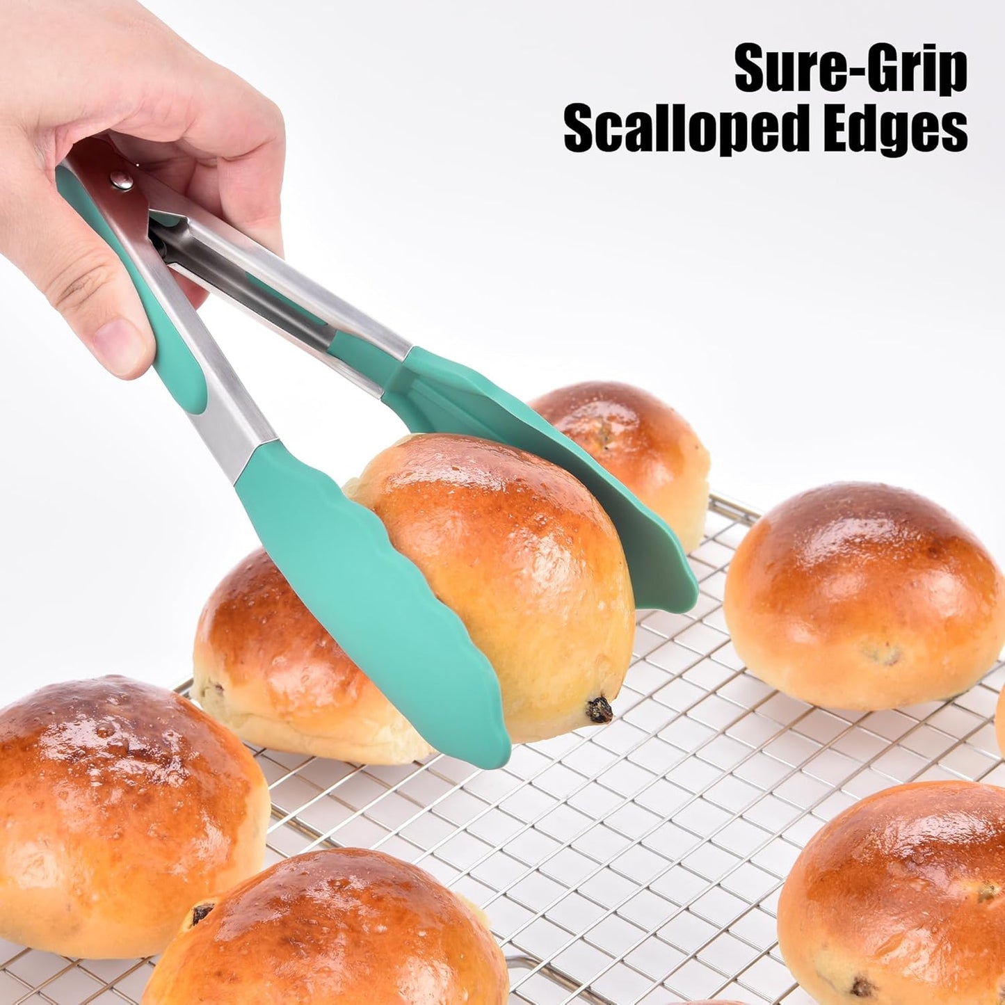 Doosu Kitchen Tongs for Cooking - 600°F Heat Resistant Food Tong with Non-Scratch Silicone Tips, Heavy Duty Stainless Steel Locking Tong for BBQ, Grilling Steak, Serving Salad, Pasta (7in, Aqua Sky)