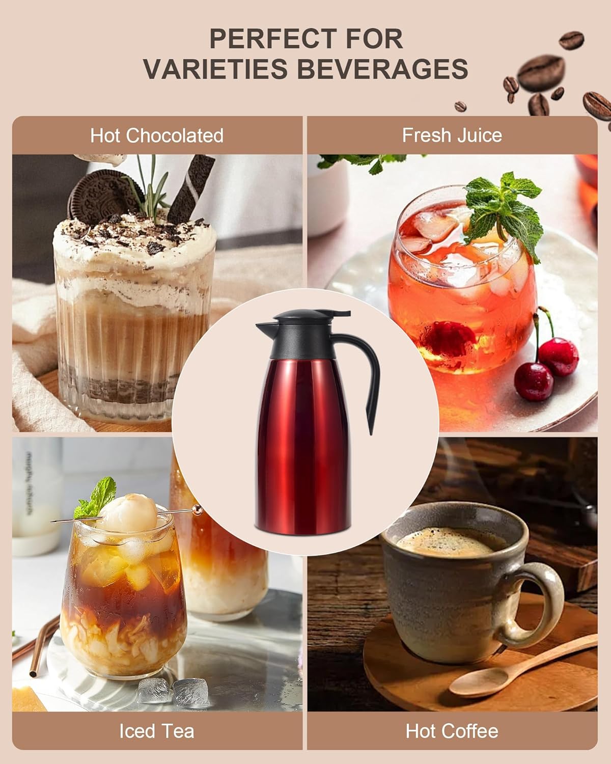 70 Oz Thermal Coffee Carafe for keeping hot, 2 PCS Airpot dispenser, Insulated Stainless Steel Vacuum Thermal Pot for Coffee, Hot Water,Keep Hot 12 Hours (black+red)