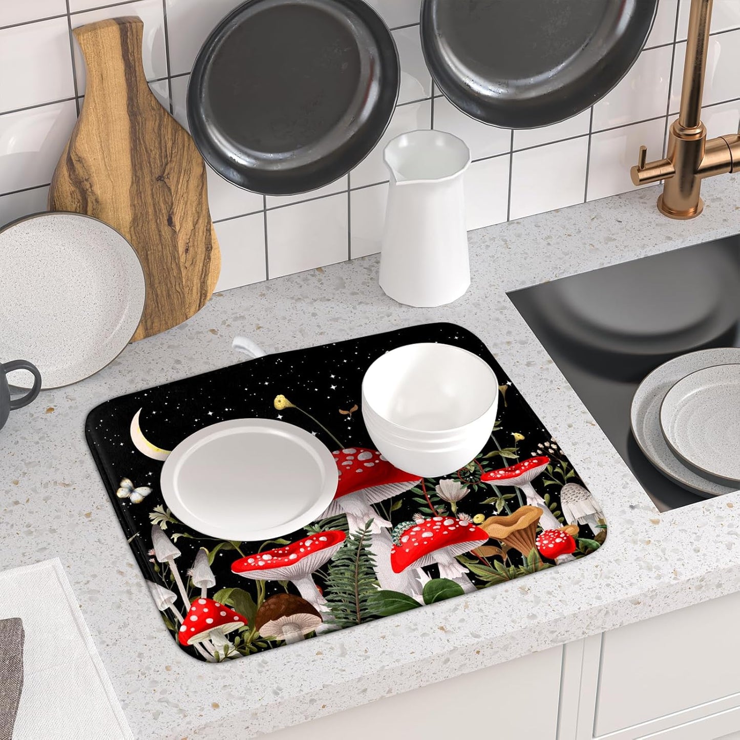 Red Mushroom Dish Drying Mat for Kitchen Counter Plant Leaves Drainer Mats Rack Holder Countertop Absorbent Microfiber Coffee Pads 16x18 Inch