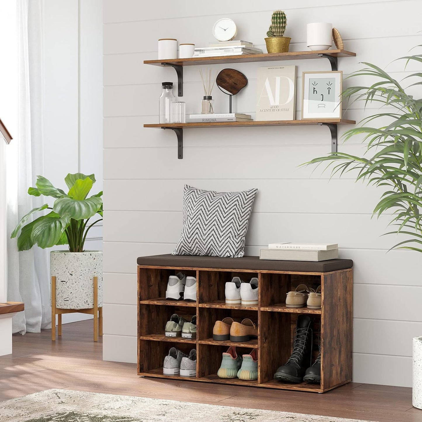 DINZI LVJ Long Wall Shelves, 39.4Inch Wall Mounted Shelves Set of 2, Extra Large Wall Storage Ledges with Sturdy Metal Brackets for Living Room, Bathroom, Bedroom, Kitchen, Rustic Brown