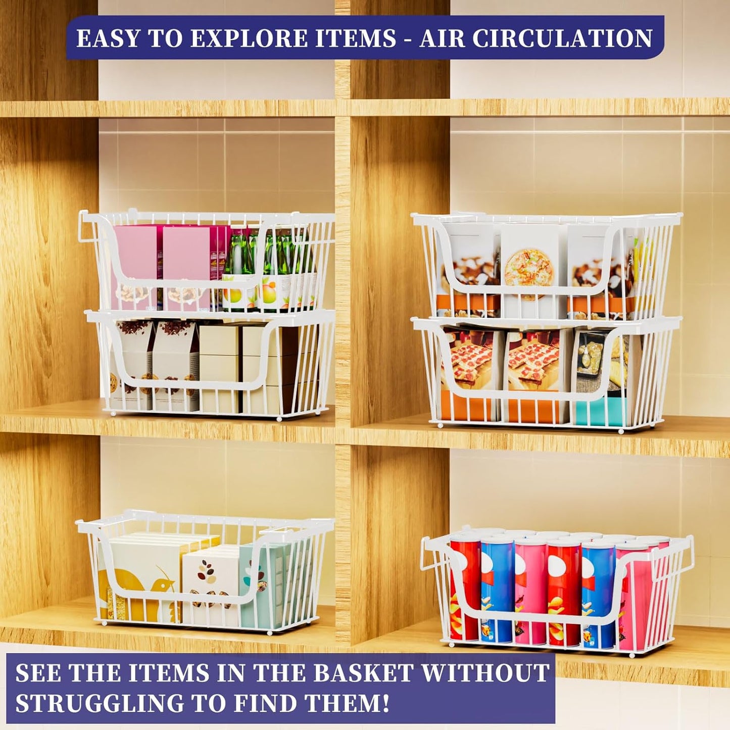 Enhanced Leak-Proof Bottom Stackable Wire Baskets, 5 Pack Pantry Organizers and Storage, pantry storage,Shelf Baskets, Fruit Basket, Potato and Onion Storage Bins,(White)