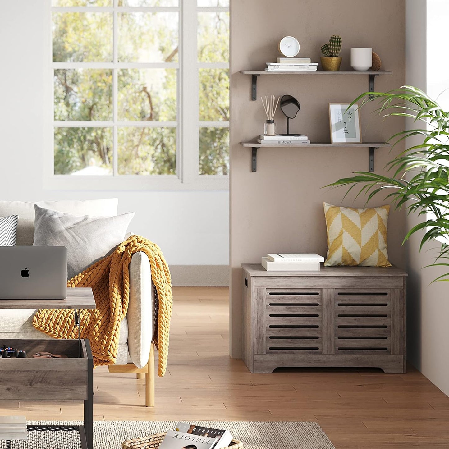 DINZI LVJ Long Wall Shelves, 31.5 Inch Wall Mounted Shelves Set of 2, Easy-to-Install, Wall Storage Ledges with Sturdy Metal Brackets for Living Room, Bathroom, Bedroom, Kitchen, Greige