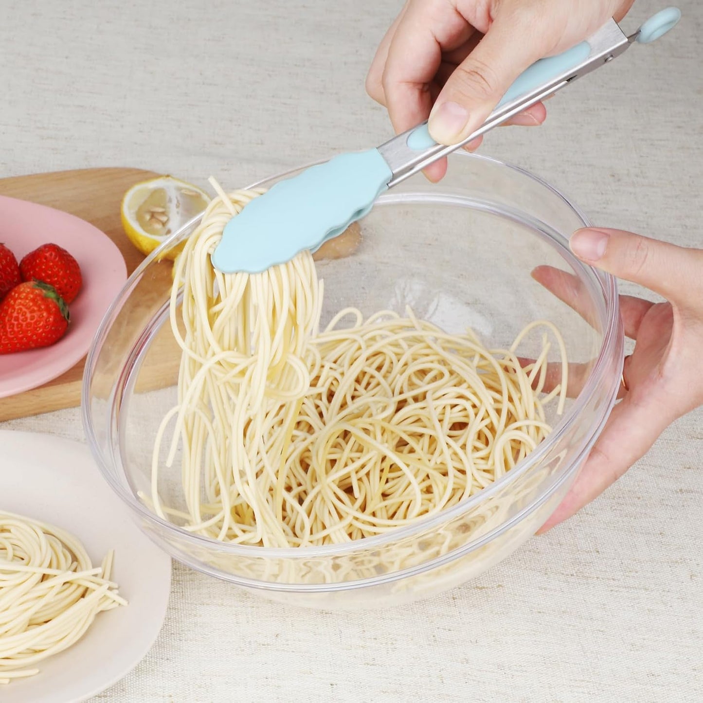 Hotec Mini Silicone Kitchen Tongs for Cooking - 7-Inch Small Serving Tongs with Silicone Tips, Set of 3 (Black,Grey,Light Blue)