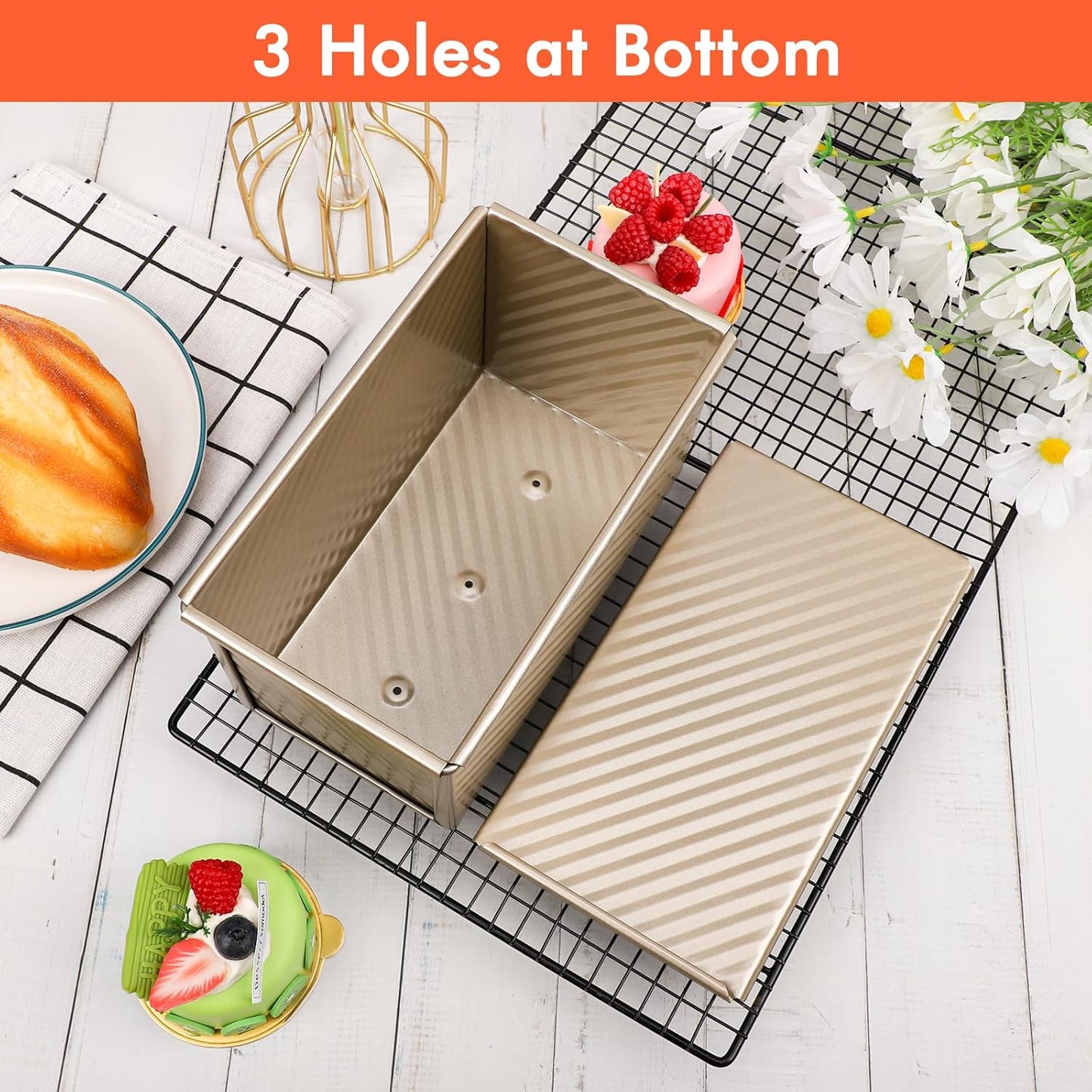 Beasea Pullman Loaf Pan With Lid, Non-Stick Carbon Steel Corrugated Bread Toast Box Mold With Cover Baking Tools - Gold