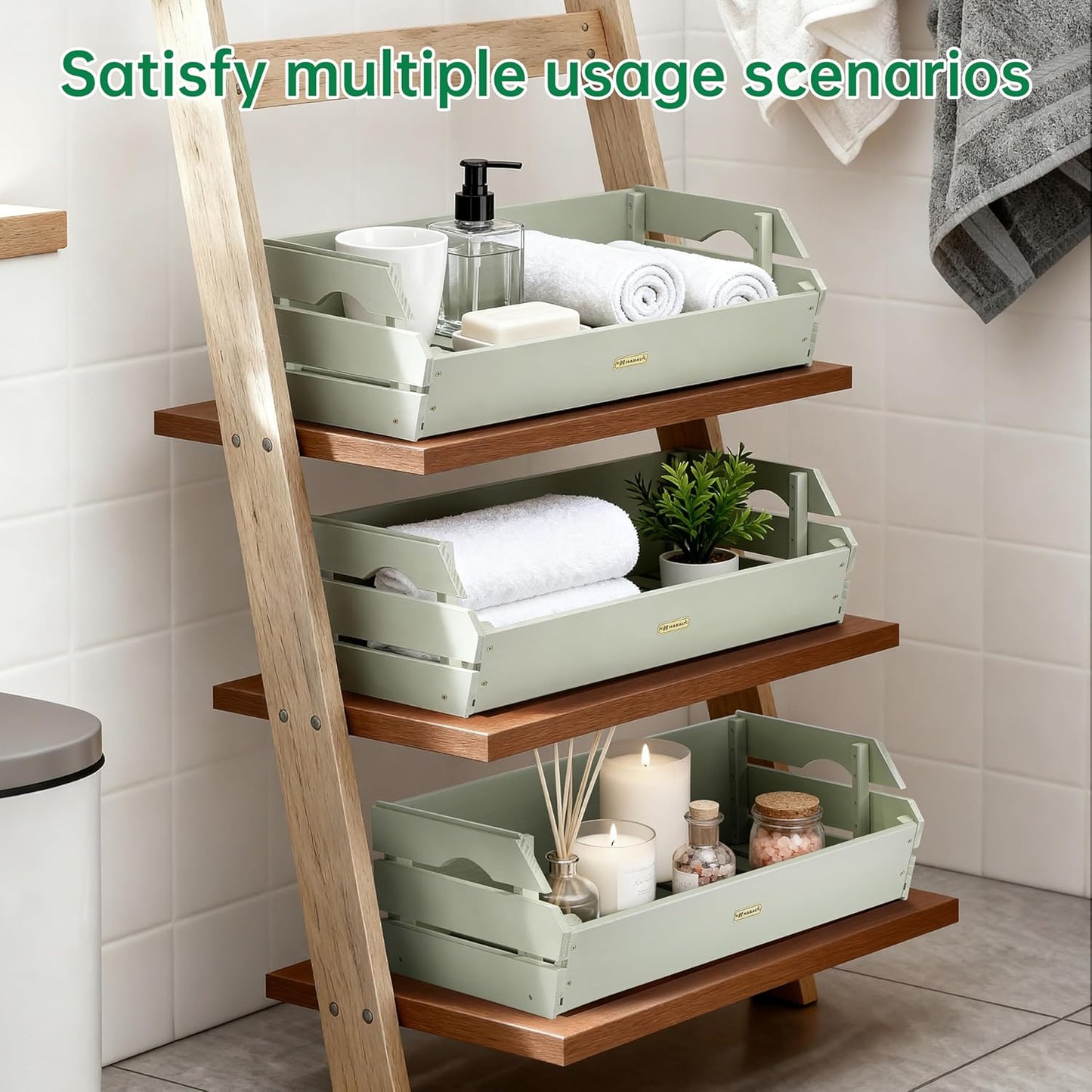 HABAU Wood Potato Onion Storage Bins - Wooden Stackable Produce Basket - Fruit Vegetable Storage for Kitchen Pantry Organization, Set 3 Pieces